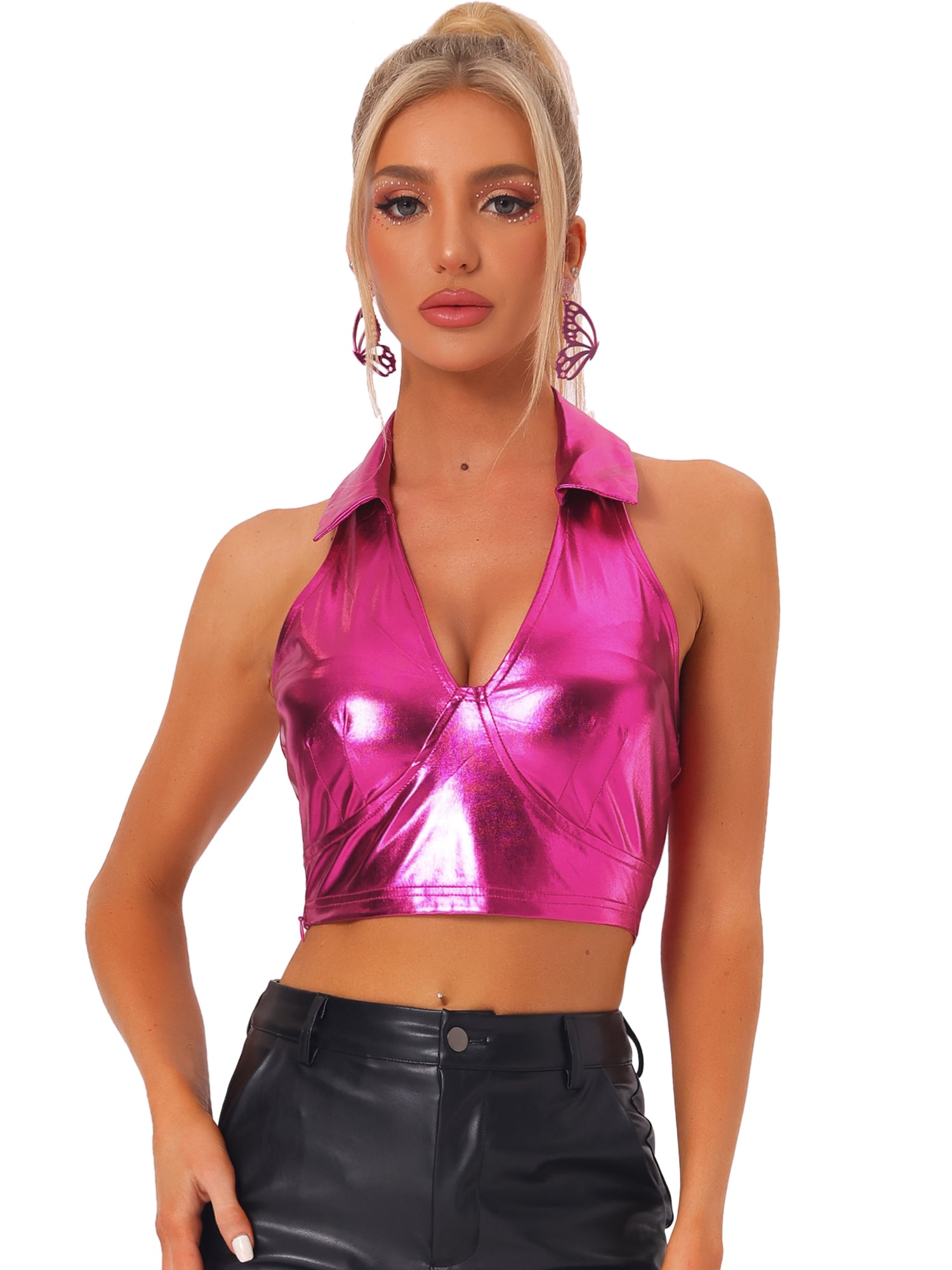 Holographic Crop Top Shimmering Shiny Party Halter Metallic Tops