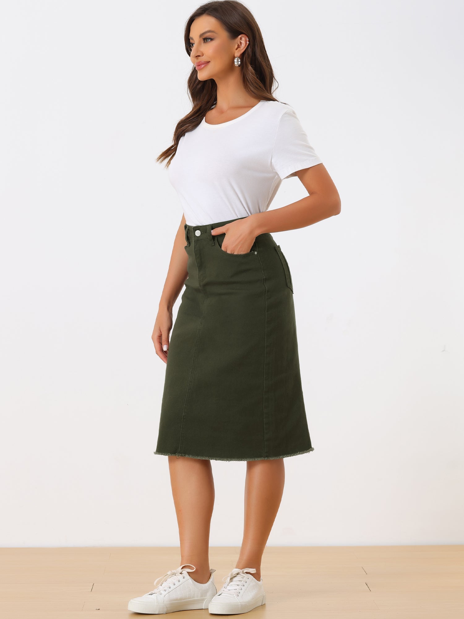 Casual High Waist Back Slit Stretch Denim Midi Skirt