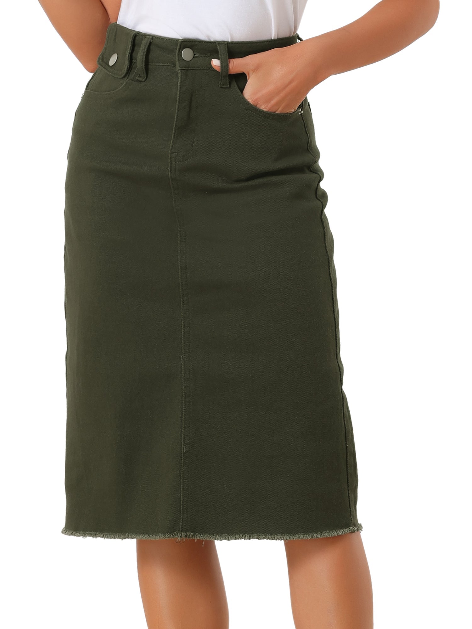 Casual High Waist Back Slit Stretch Denim Midi Skirt