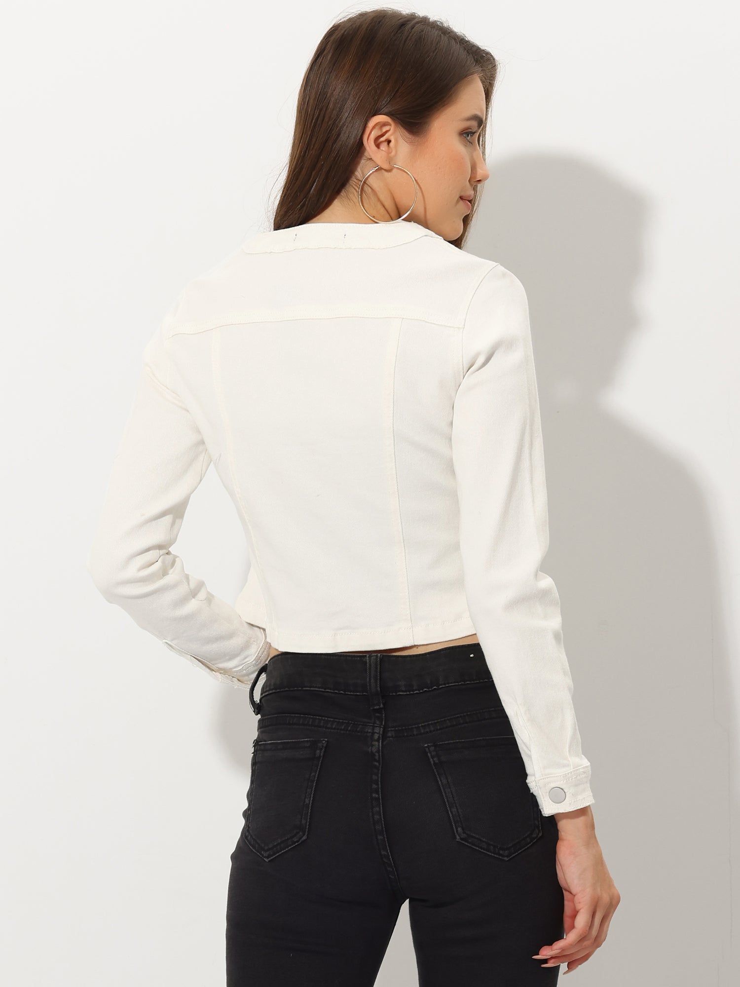 Denim Collarless Long Sleeve Button Down Crop Jean Jacket