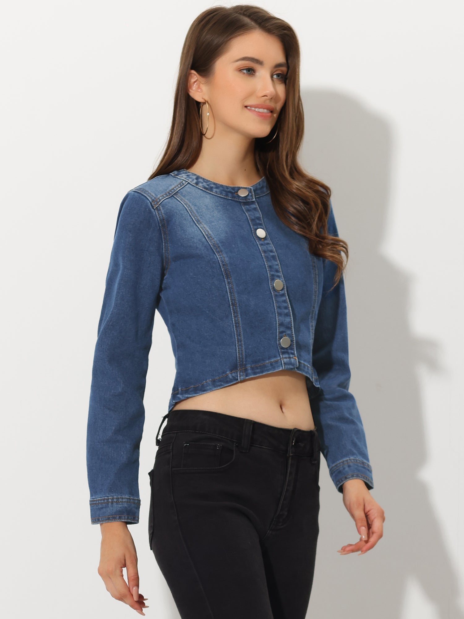 Denim Collarless Long Sleeve Button Down Crop Jean Jacket