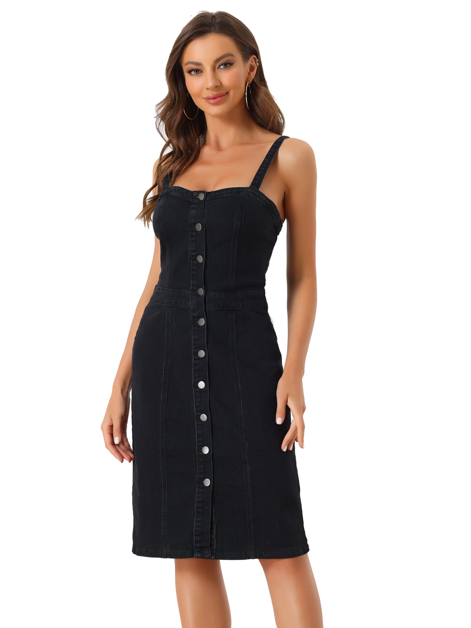 Button Down Denim Sleeveless Sweetheart Neck Jeans Dress