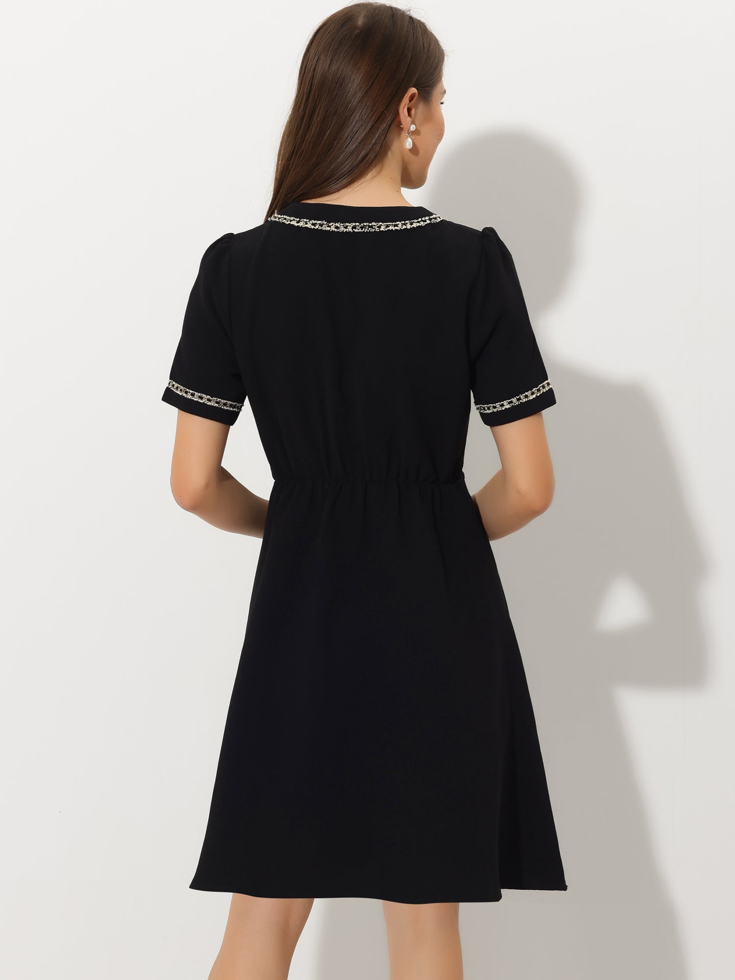 V Neck Half Placket Short Sleeve Textured A-Line Midi Dress