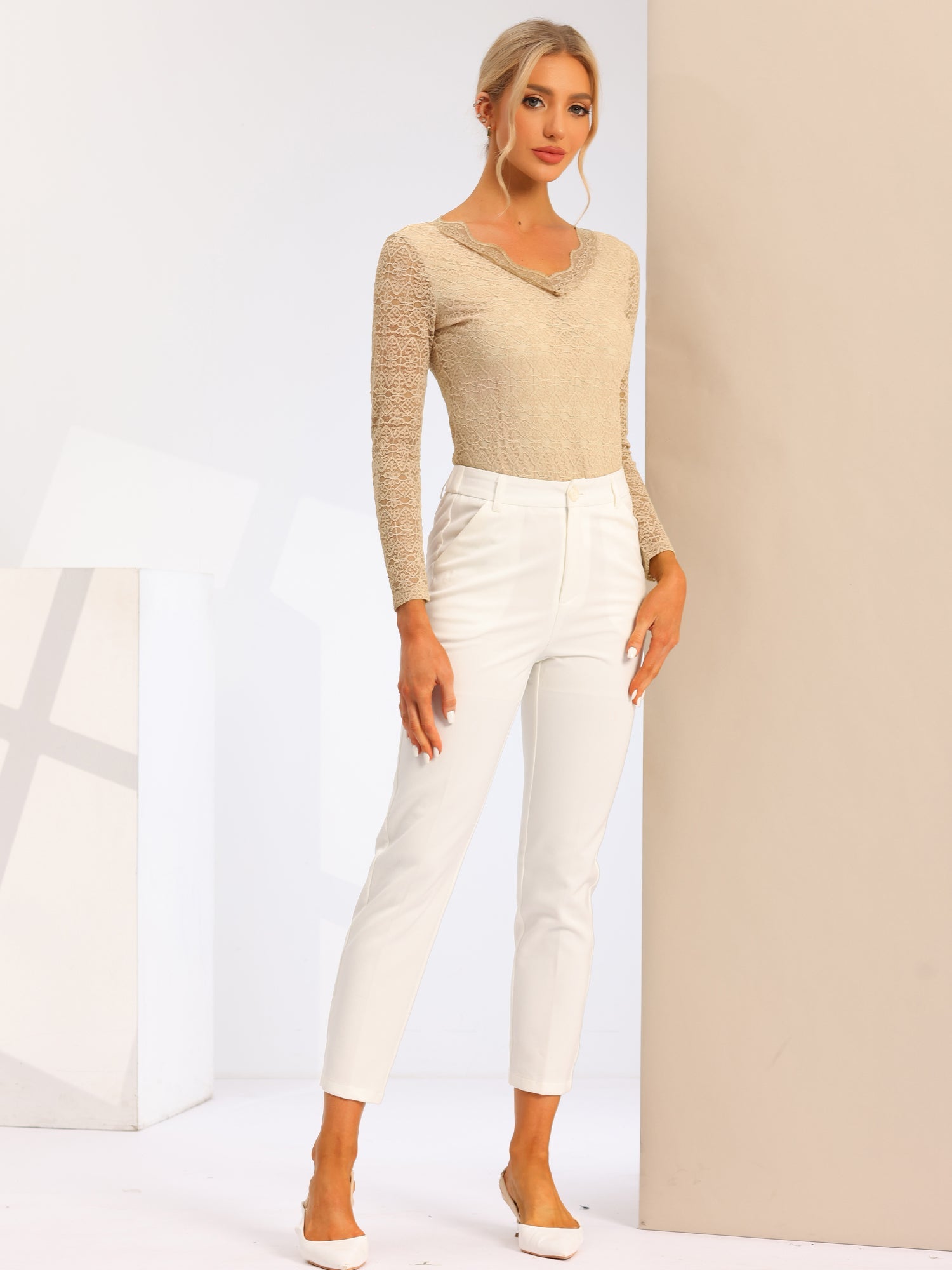 Floral Embroidery Sheer Long Sleeve Lace Blouse Top