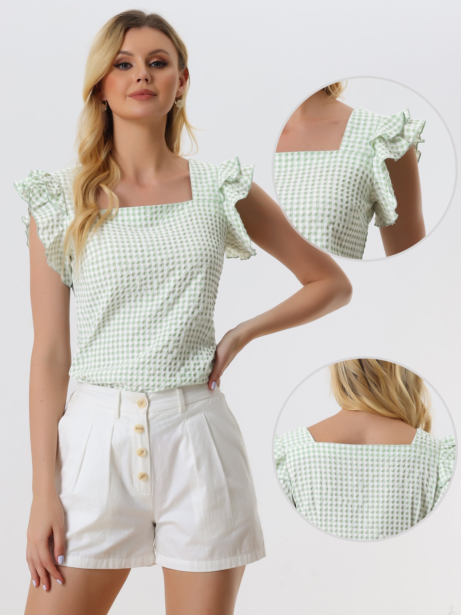 Summer Gingham Tops Square Neck Ruffle Cap Sleeve Blouse