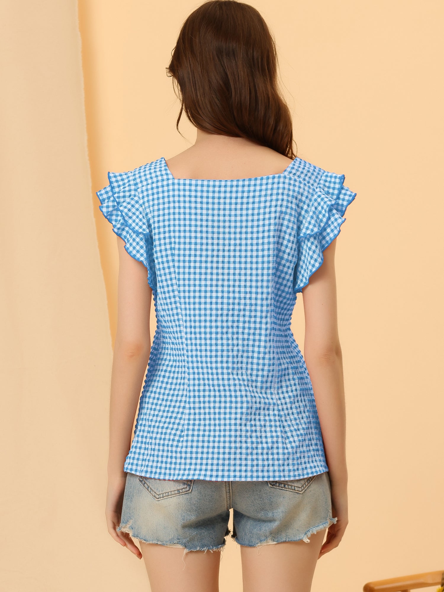 Summer Gingham Tops Square Neck Ruffle Cap Sleeve Blouse