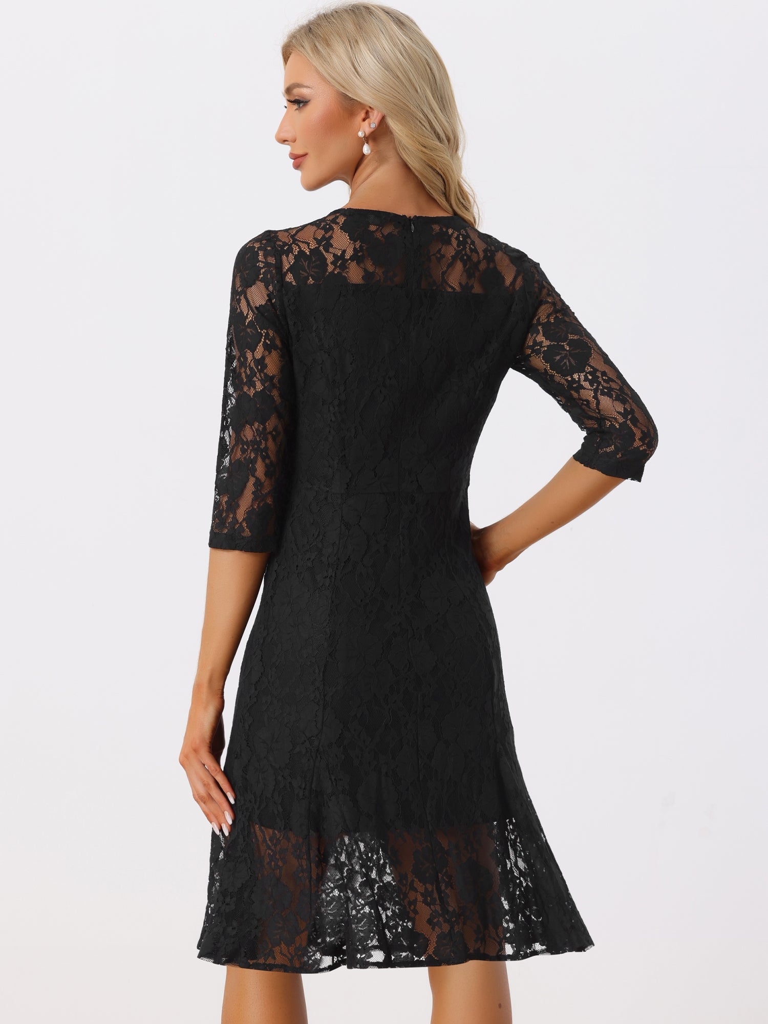 Elegant Lace 3/4 Sleeves Ruffles Bodycon Fishtail Dress