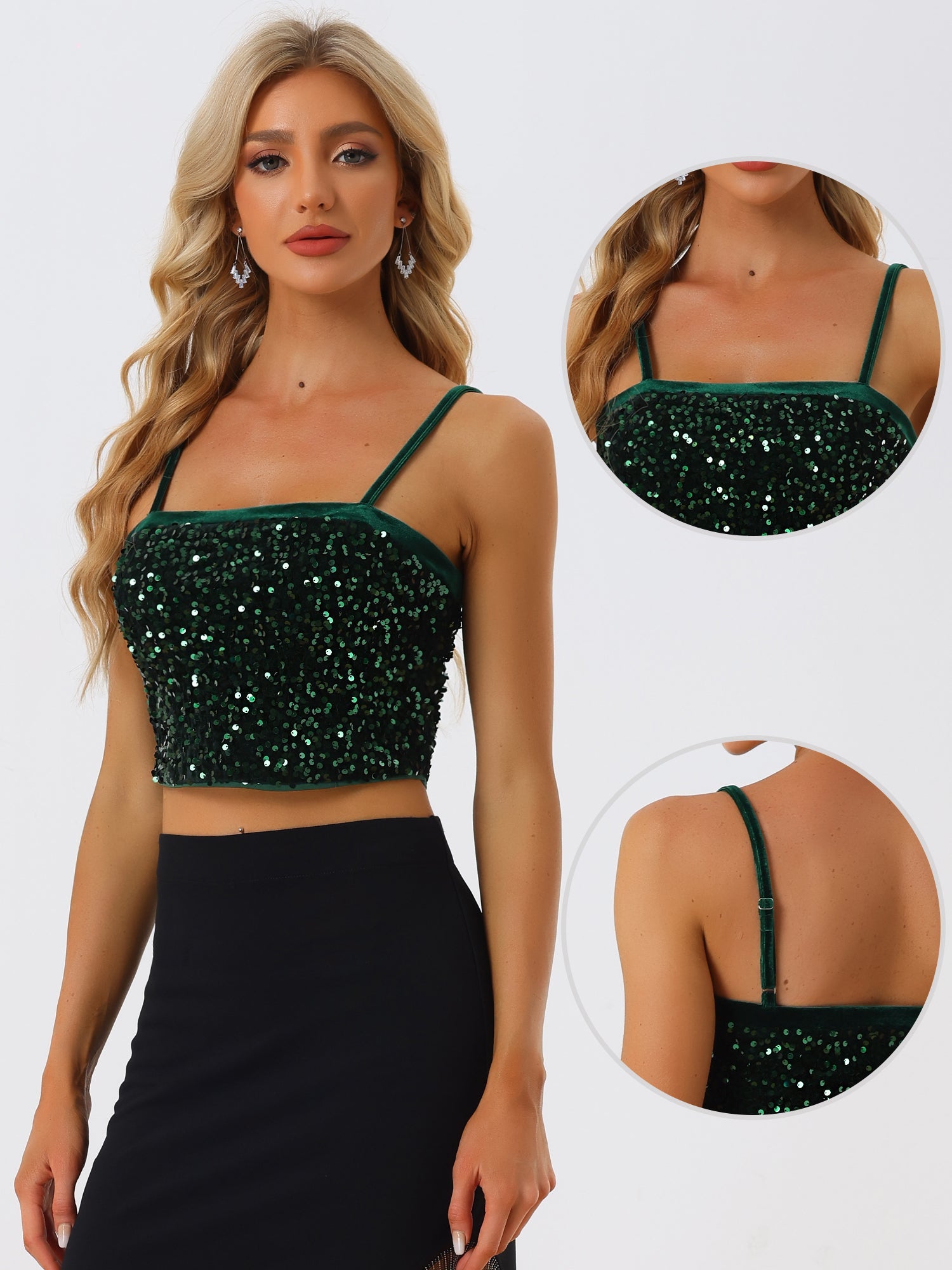 Sequined Velvet Spaghetti Strap Club Party Cropped Cami Top