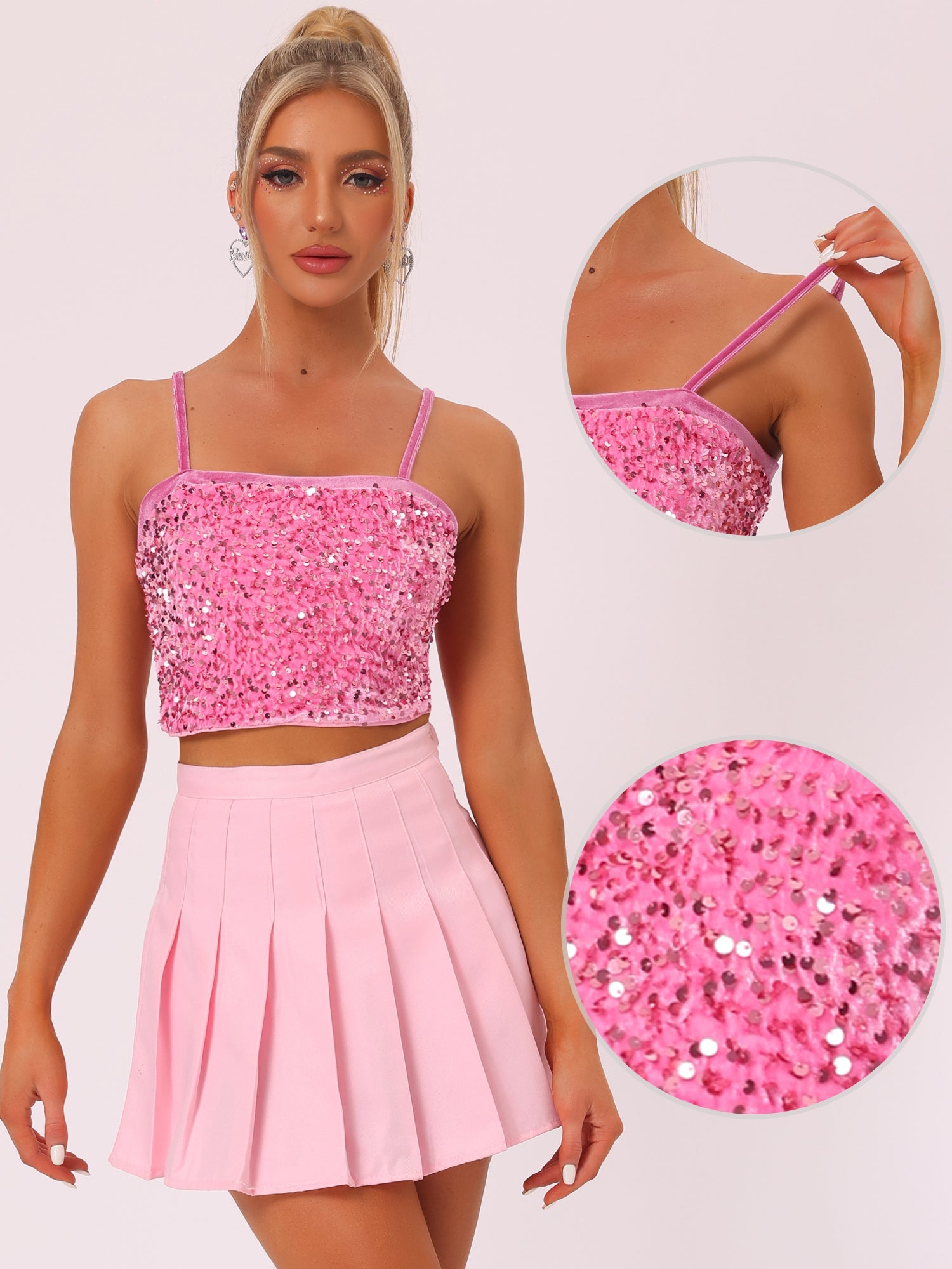 Sequined Velvet Spaghetti Strap Club Party Cropped Cami Top