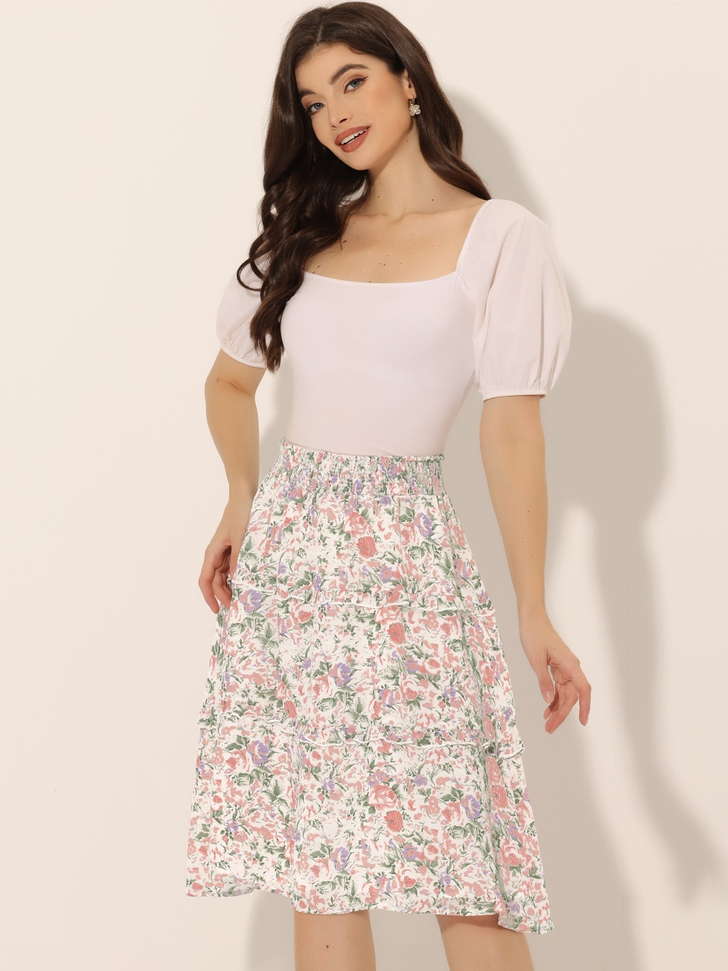 Floral Smocked Elastic Waist Knee Length Ruffle Tiered Skirt