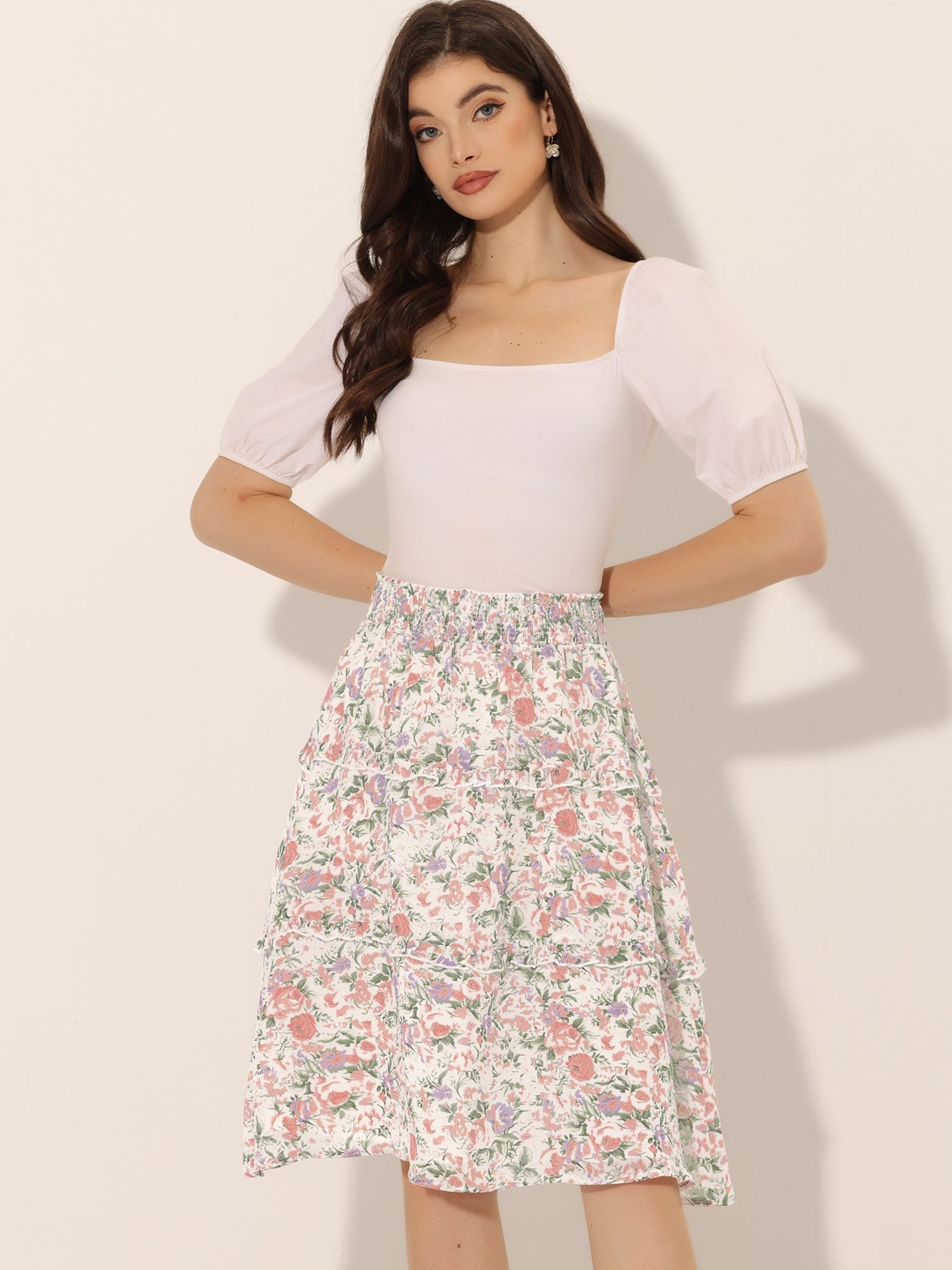 Floral Smocked Elastic Waist Knee Length Ruffle Tiered Skirt