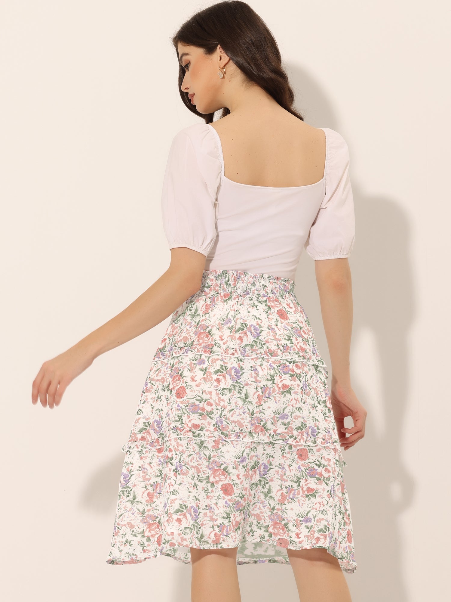 Floral Smocked Elastic Waist Knee Length Ruffle Tiered Skirt