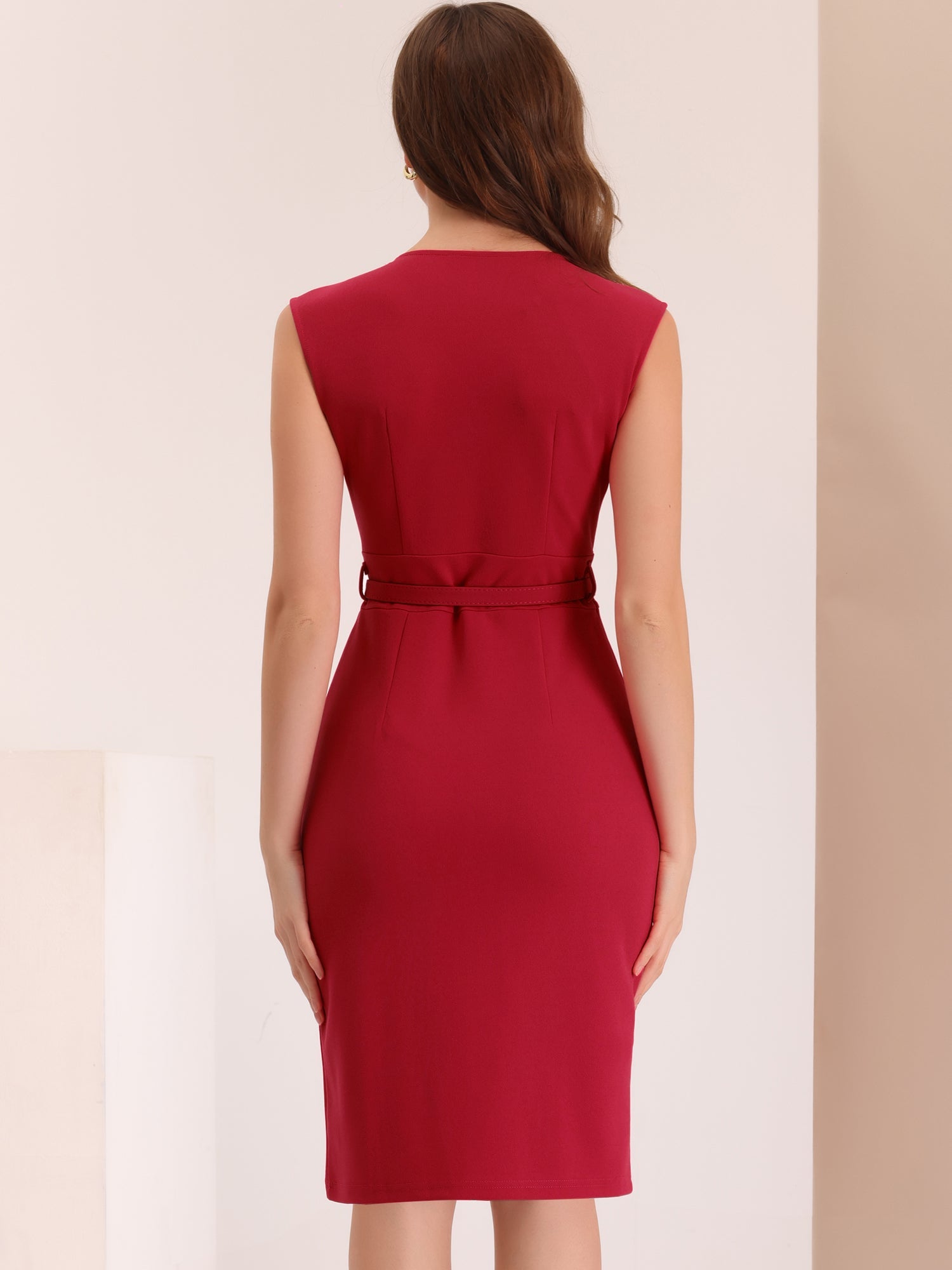 Solid Color V Neck Sleeveless Belted Business Office Midi Sheath Dress