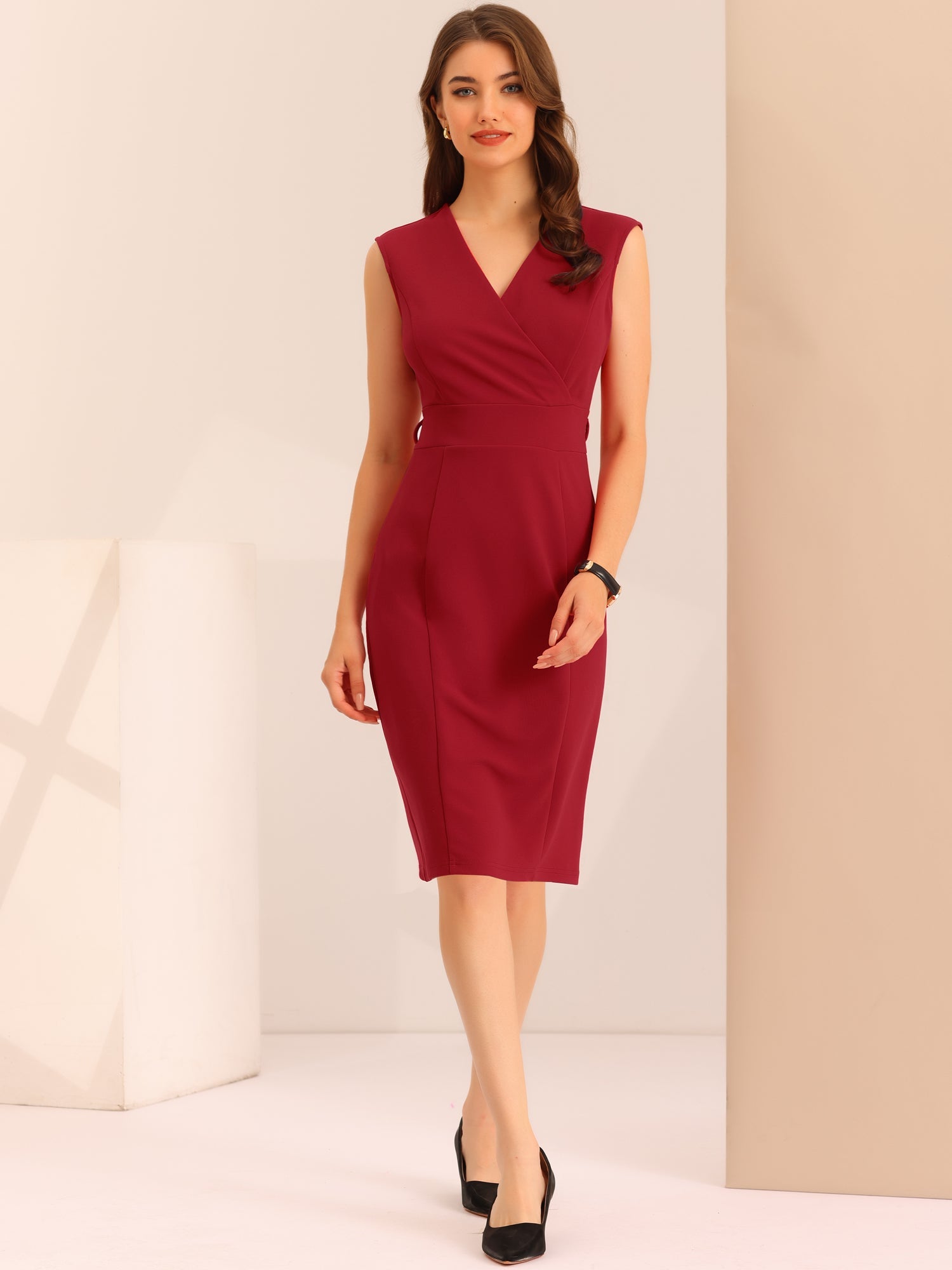 Solid Color V Neck Sleeveless Belted Business Office Midi Sheath Dress