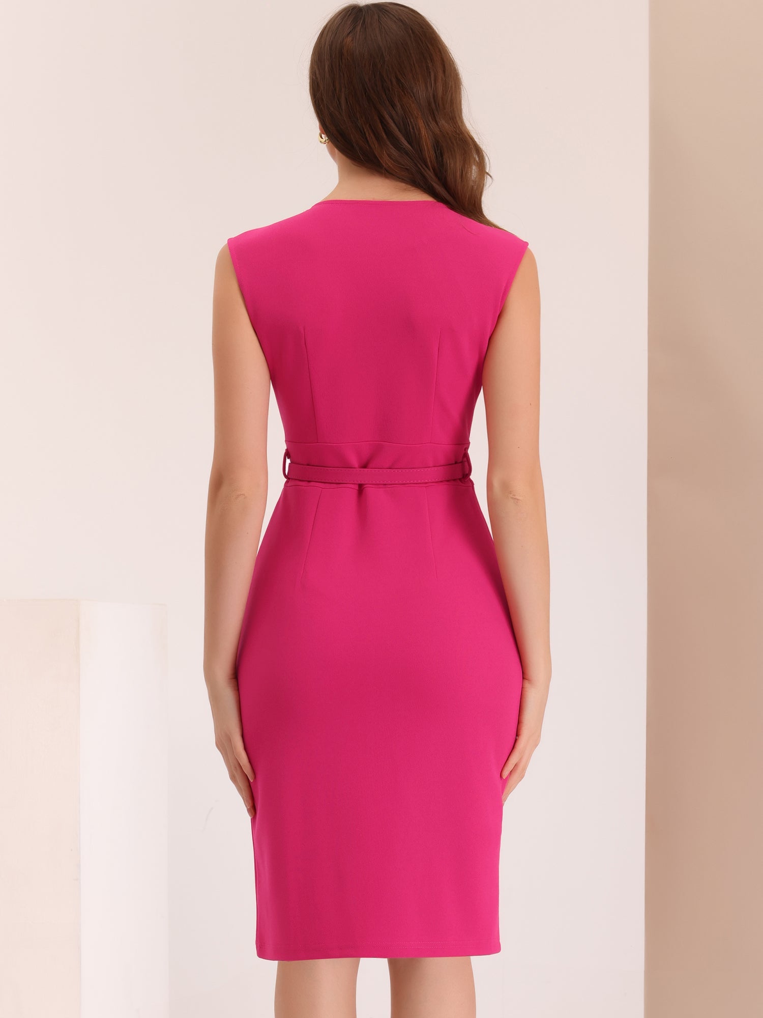 Solid Color V Neck Sleeveless Belted Business Office Midi Sheath Dress