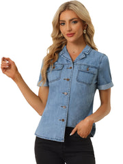 Button Up Collared Short Sleeve Pocket Classic Denim Shirt