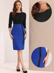 Pencil Round Neck 3/4 Sleeve Contrast Office Sheath Dress