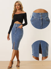 Casual Denim High Waist Split Hem Pencil Jean Midi Skirt
