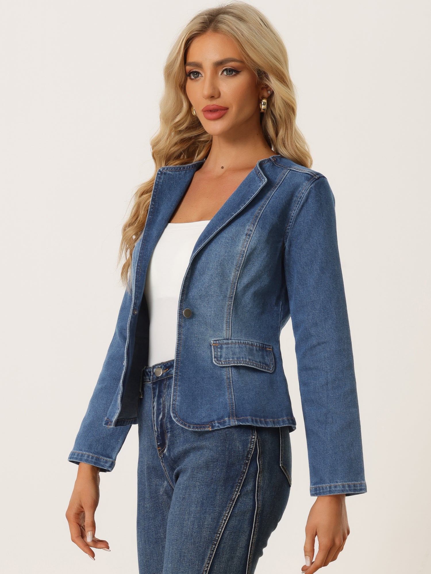 Lapel Collar Long Sleeve One Button Denim Blazer Jean Jacket