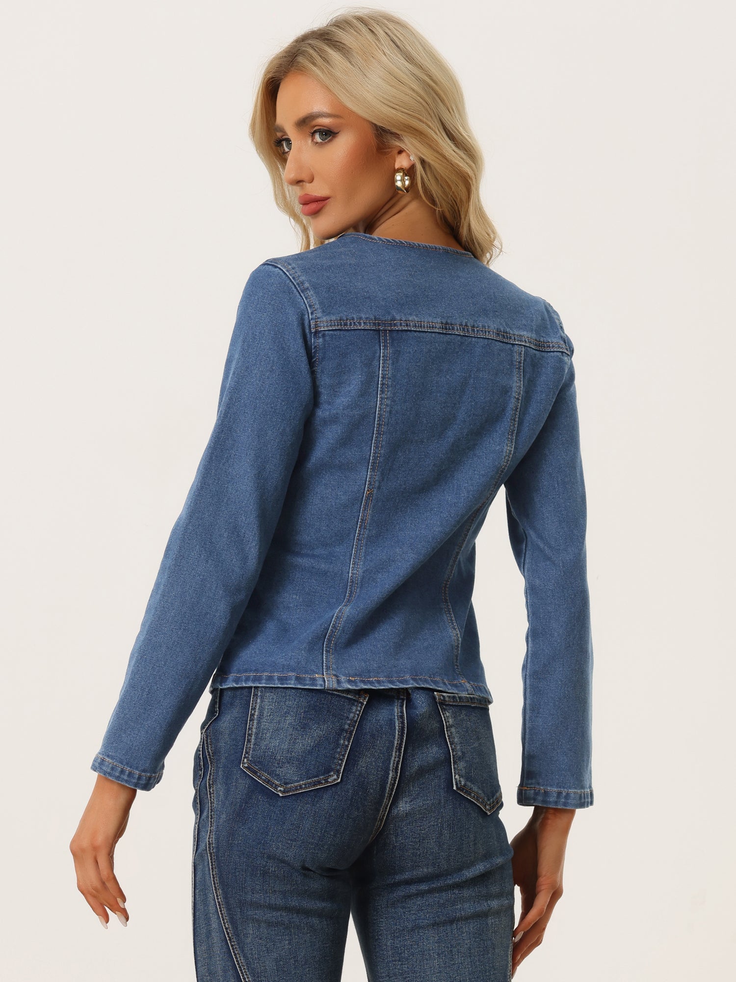 Lapel Collar Long Sleeve One Button Denim Blazer Jean Jacket