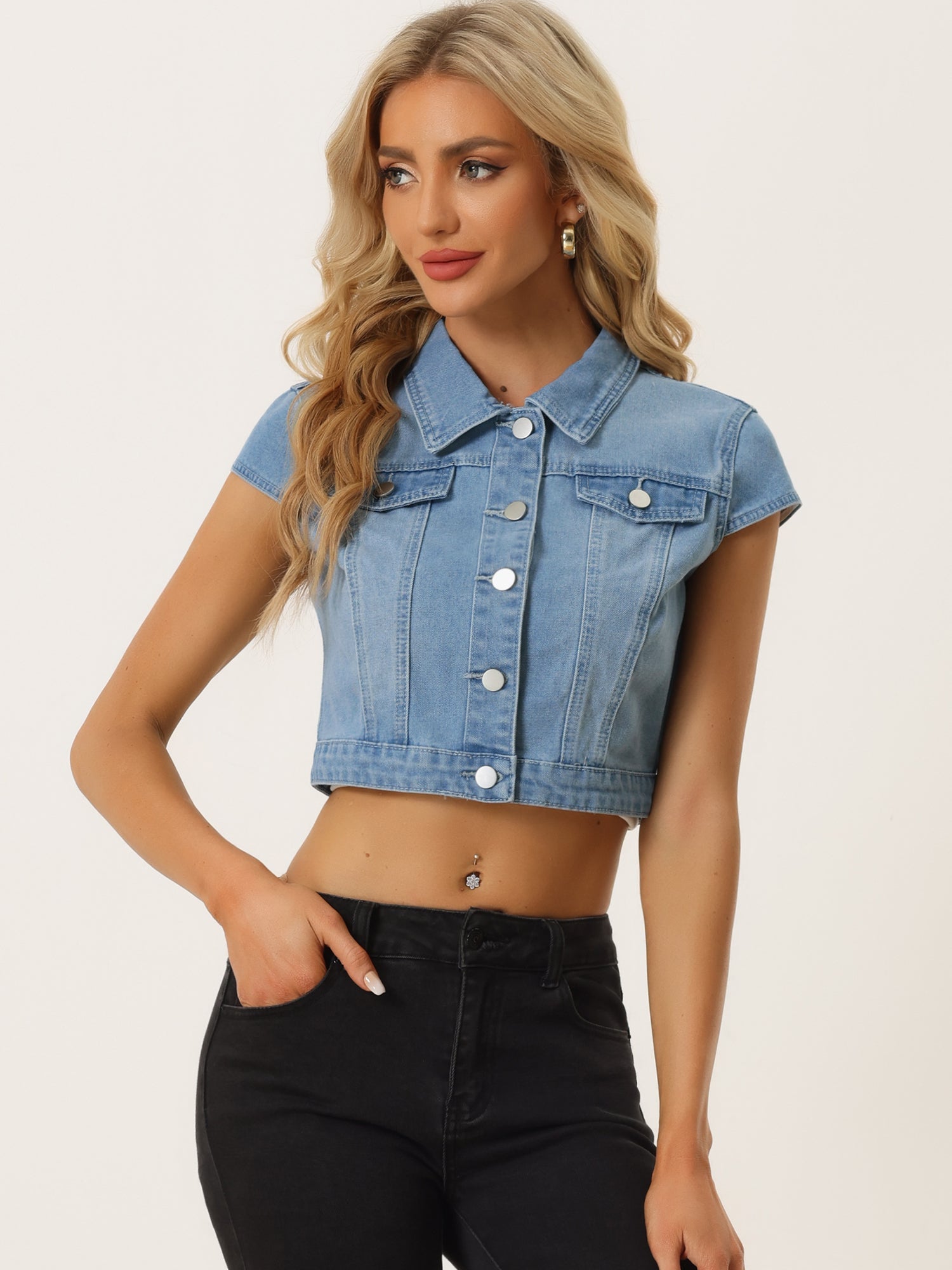 Summer Button Down Cap Short Sleeve Cropped Jean Denim Jacket