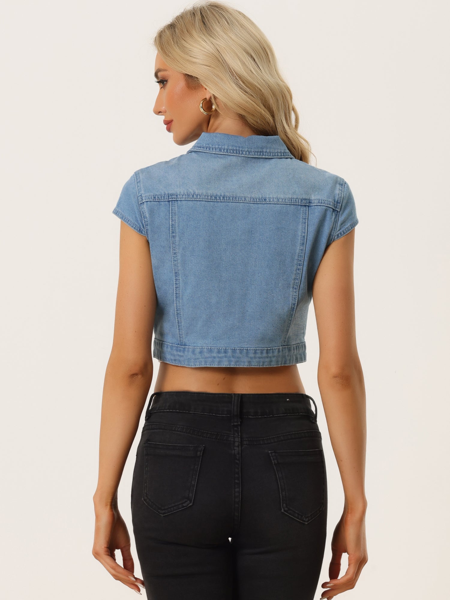 Summer Button Down Cap Short Sleeve Cropped Jean Denim Jacket