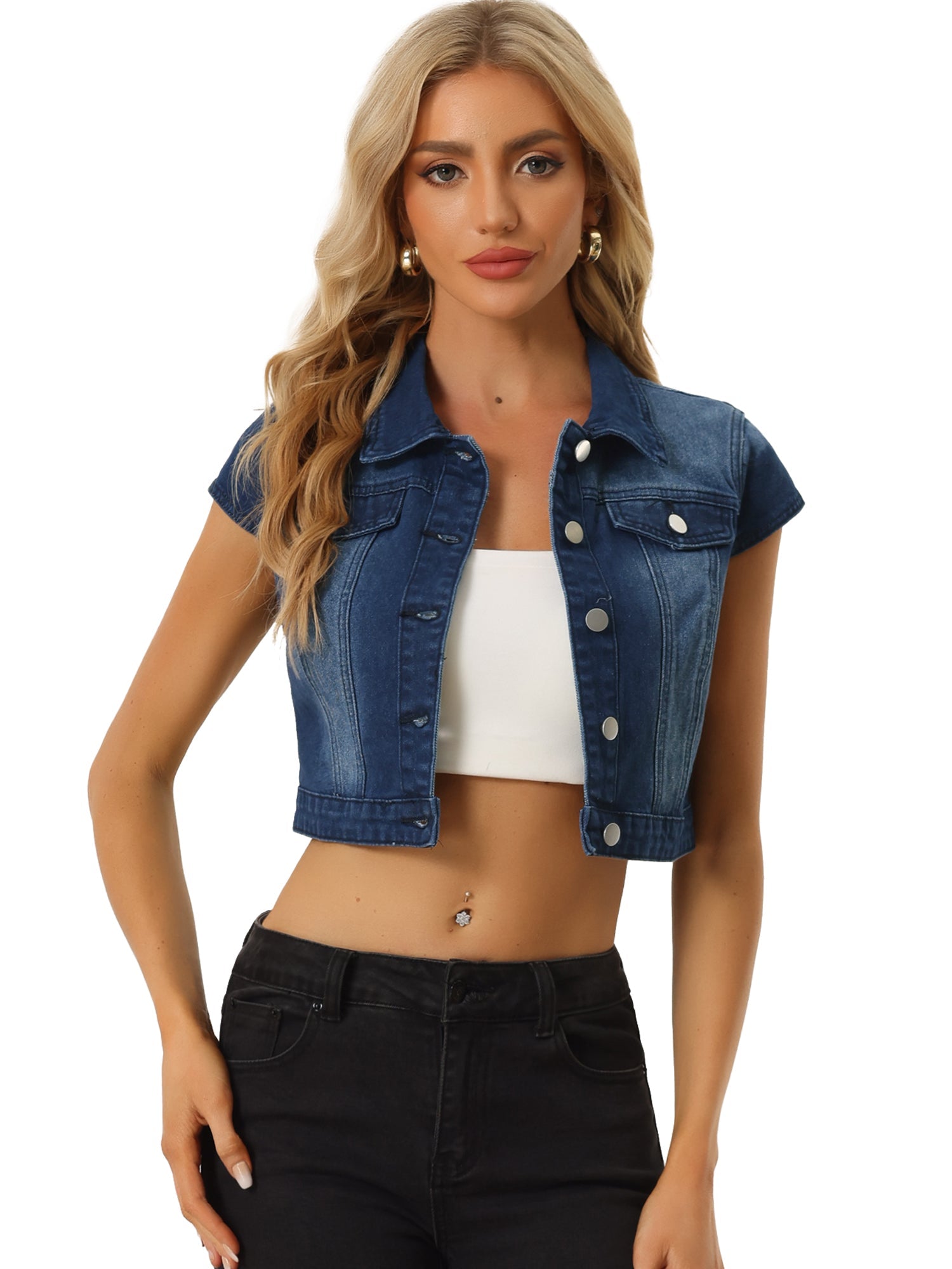 Summer Button Down Cap Short Sleeve Cropped Jean Denim Jacket