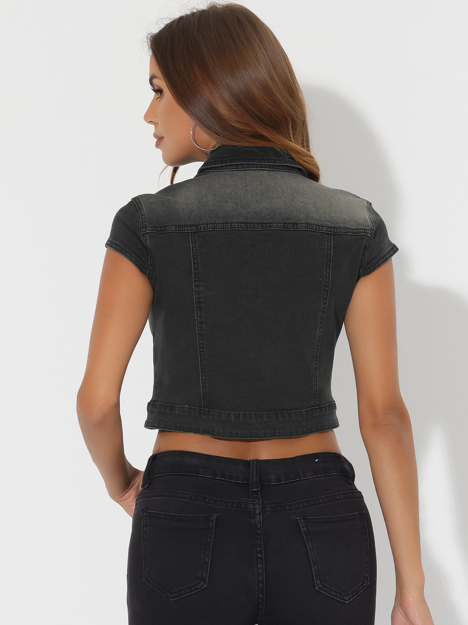 Summer Button Down Cap Short Sleeve Cropped Jean Denim Jacket