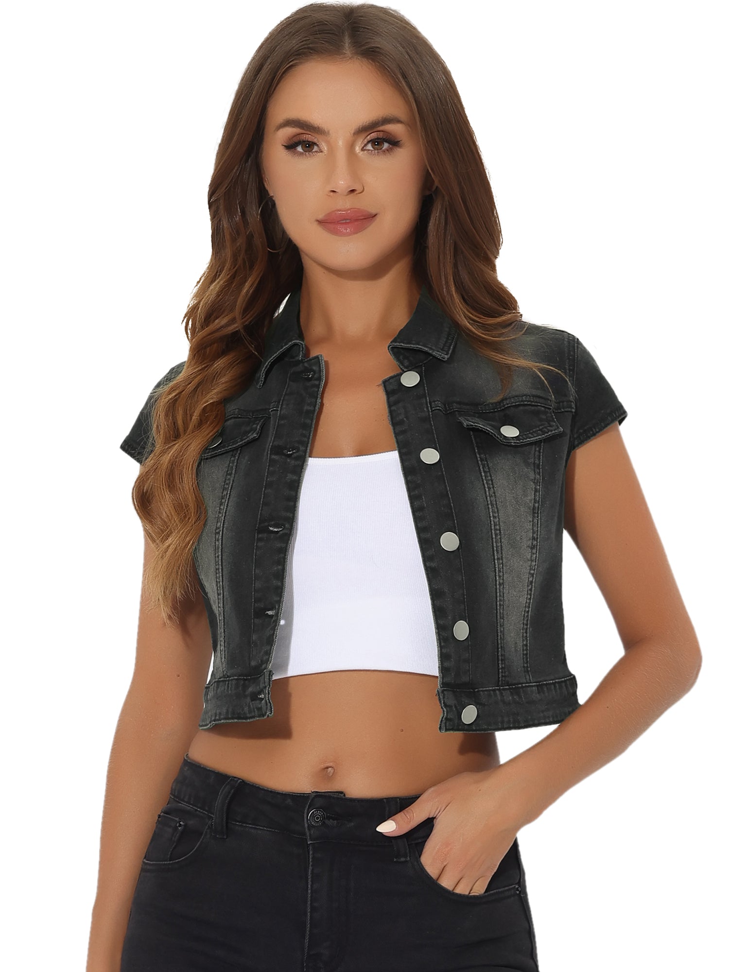 Summer Button Down Cap Short Sleeve Cropped Jean Denim Jacket