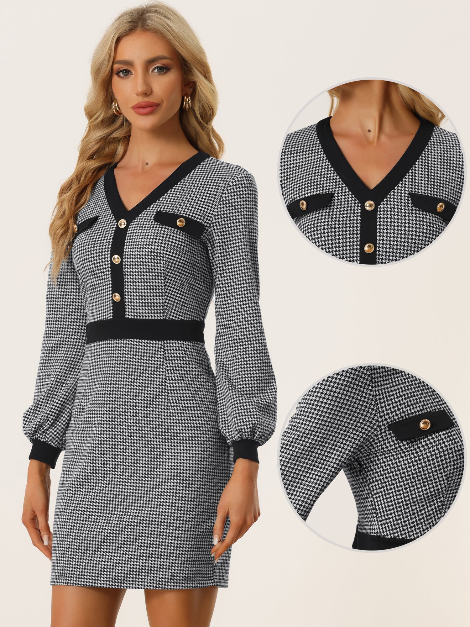 Houndstooth V Neck Long Sleeve Elegant Sheath Dresses