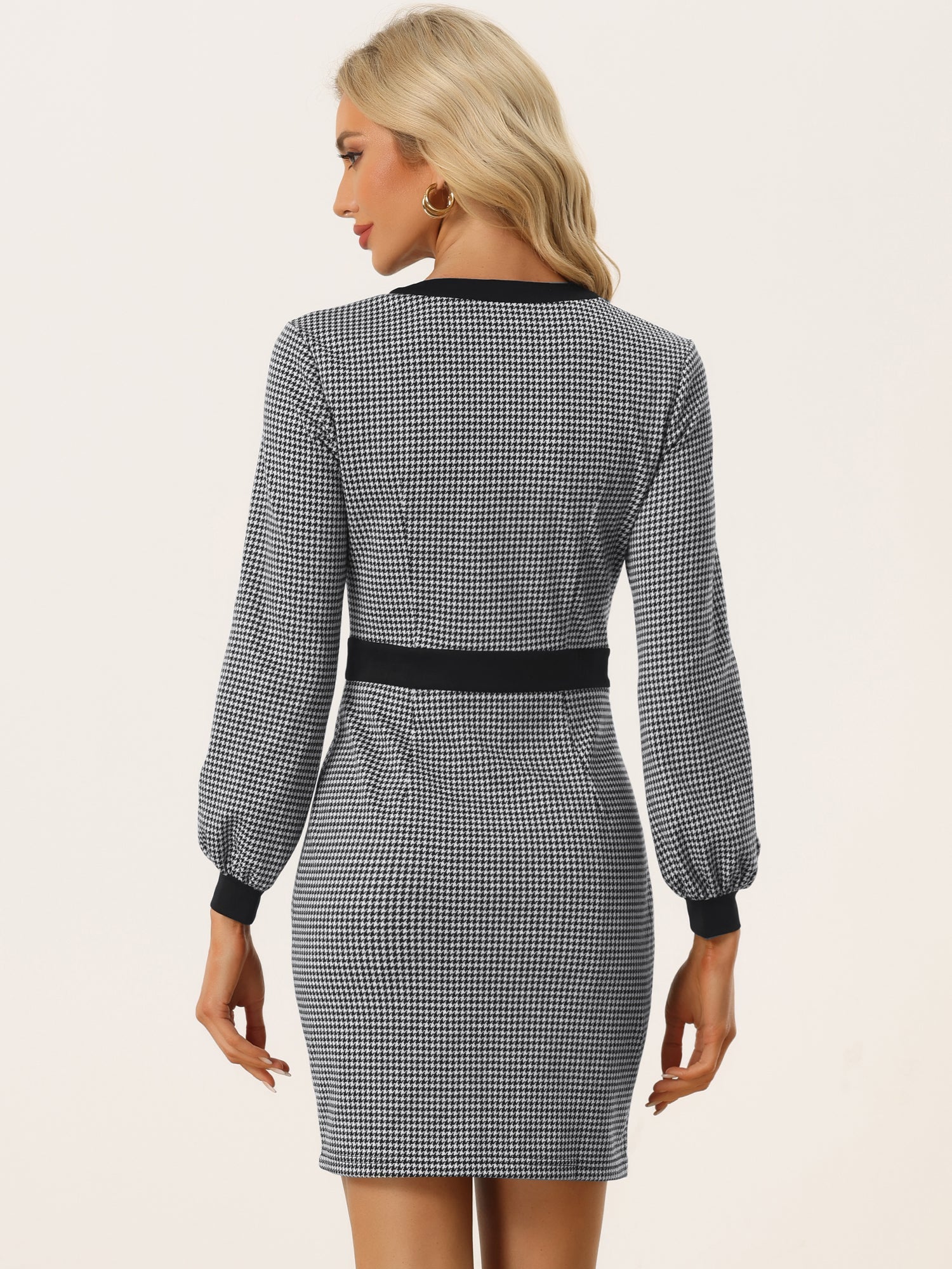 Houndstooth V Neck Long Sleeve Elegant Sheath Dresses