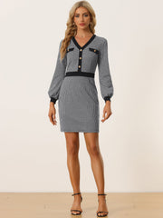 Houndstooth V Neck Long Sleeve Elegant Sheath Dresses