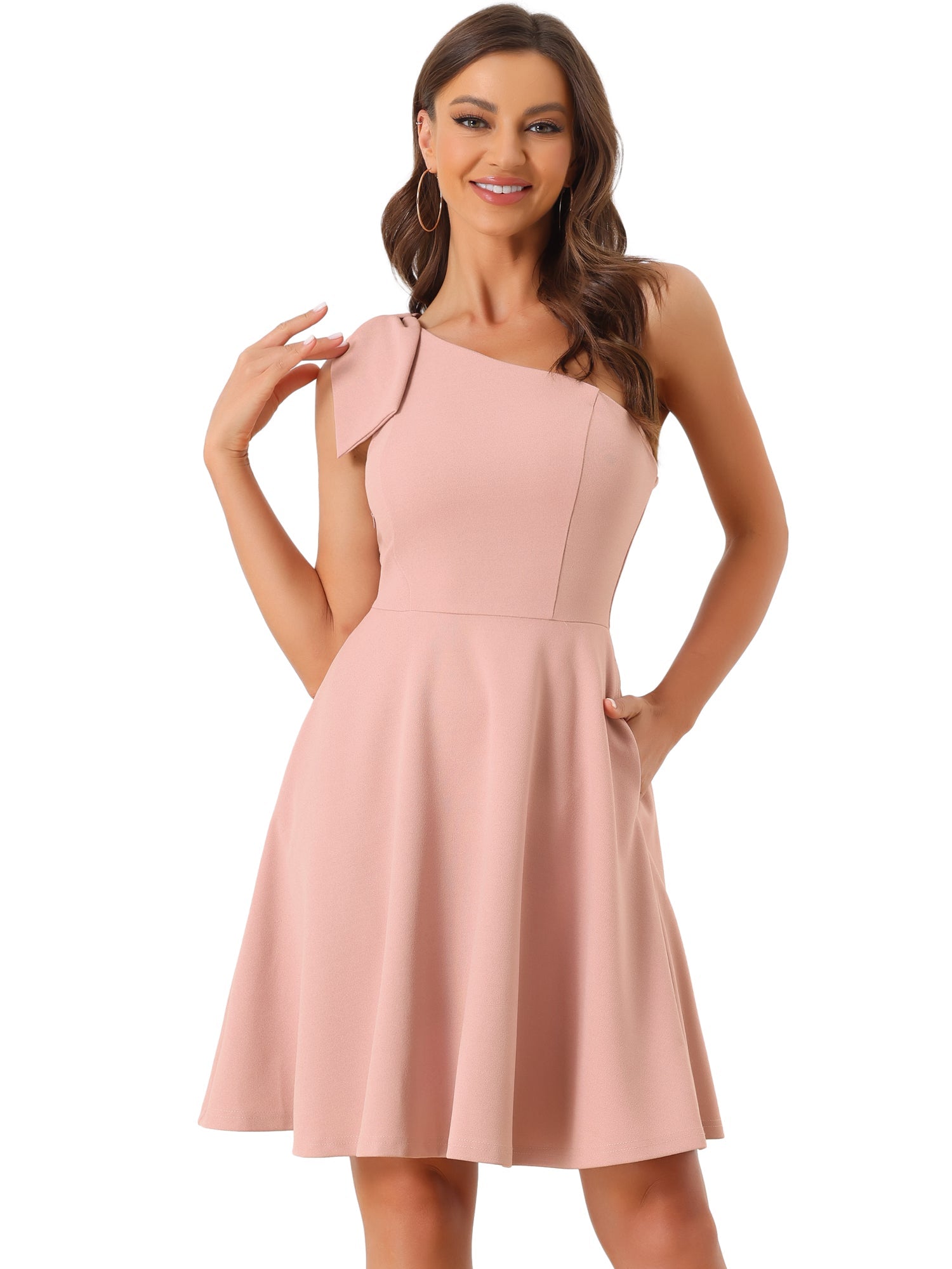 Bow One Shoulder Sleeveless Pockets A-Line Midi Dress