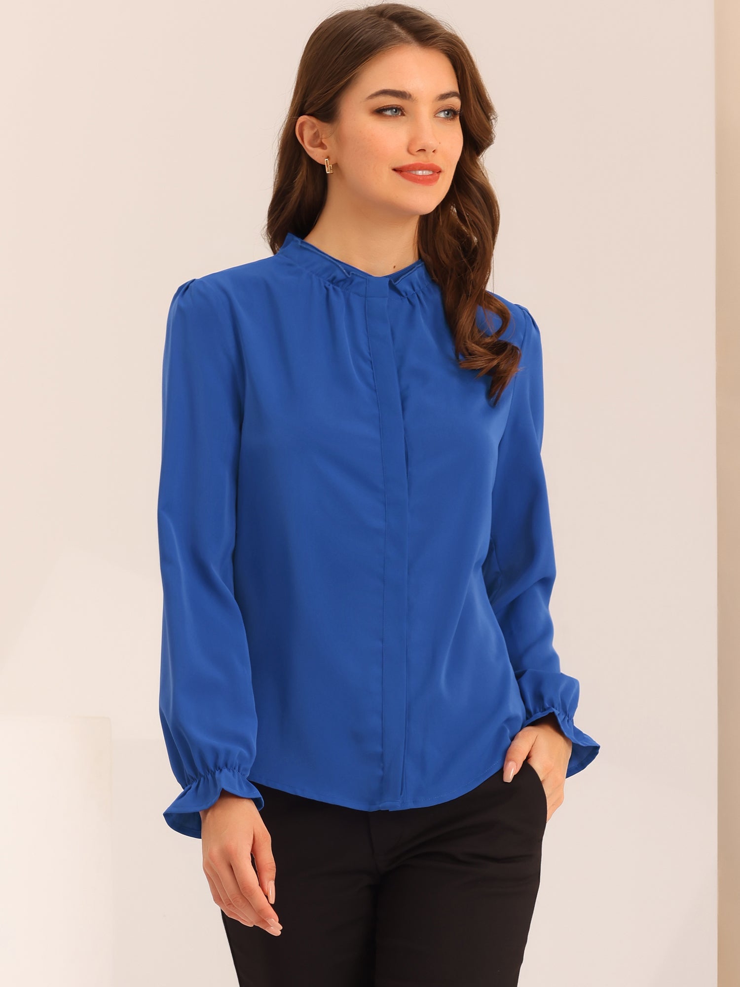 Work Office Blouse Button Up Ruffle Collar Long Sleeve Chiffon Shirt