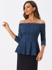 Elegant Lace Blouse Semi Sheer 3/4 Sleeve Off Shoulder Peplum Top