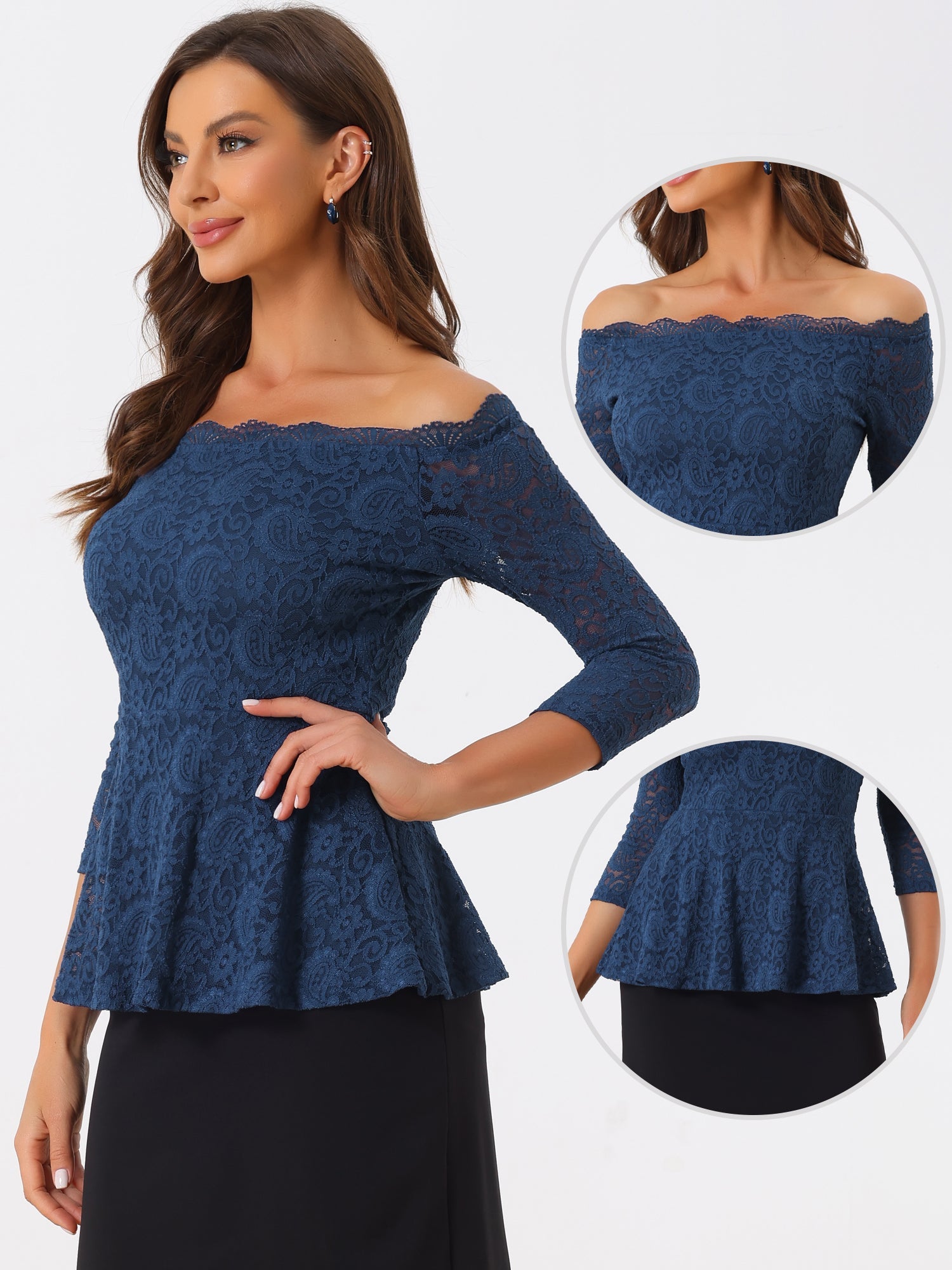 Elegant Lace Blouse Semi Sheer 3/4 Sleeve Off Shoulder Peplum Top