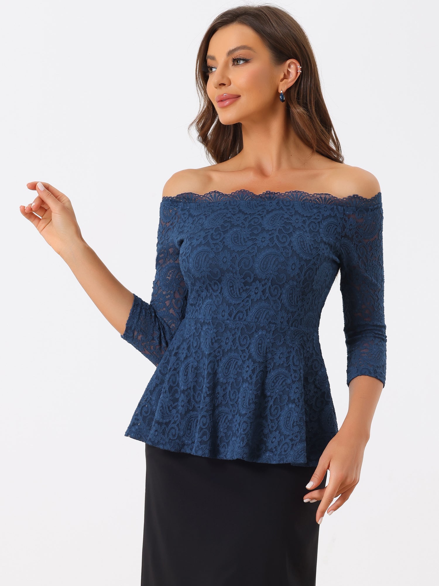 Elegant Lace Blouse Semi Sheer 3/4 Sleeve Off Shoulder Peplum Top