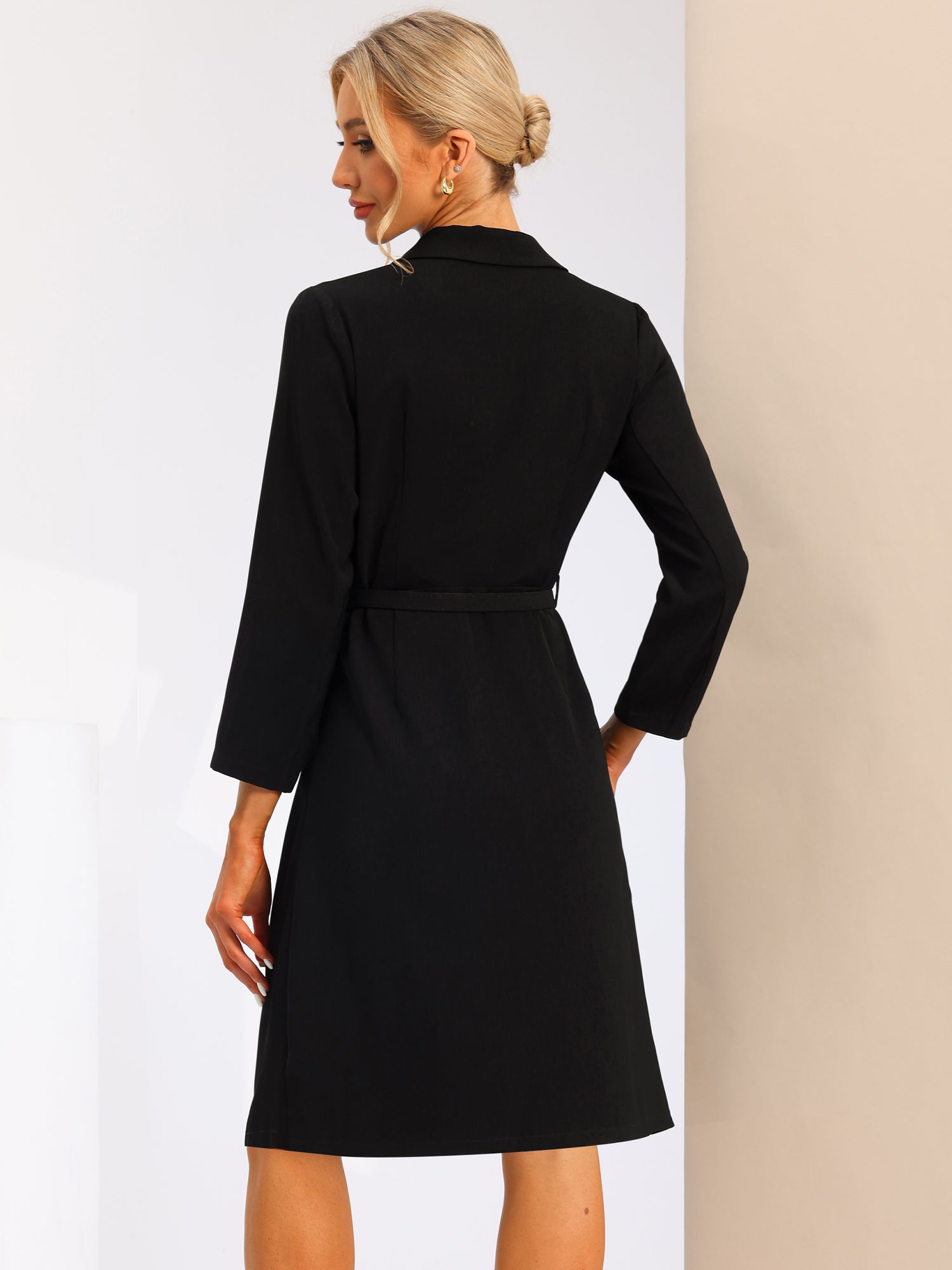 Work Elegant Notched Collar Belted Pleated Button Blazer Dress