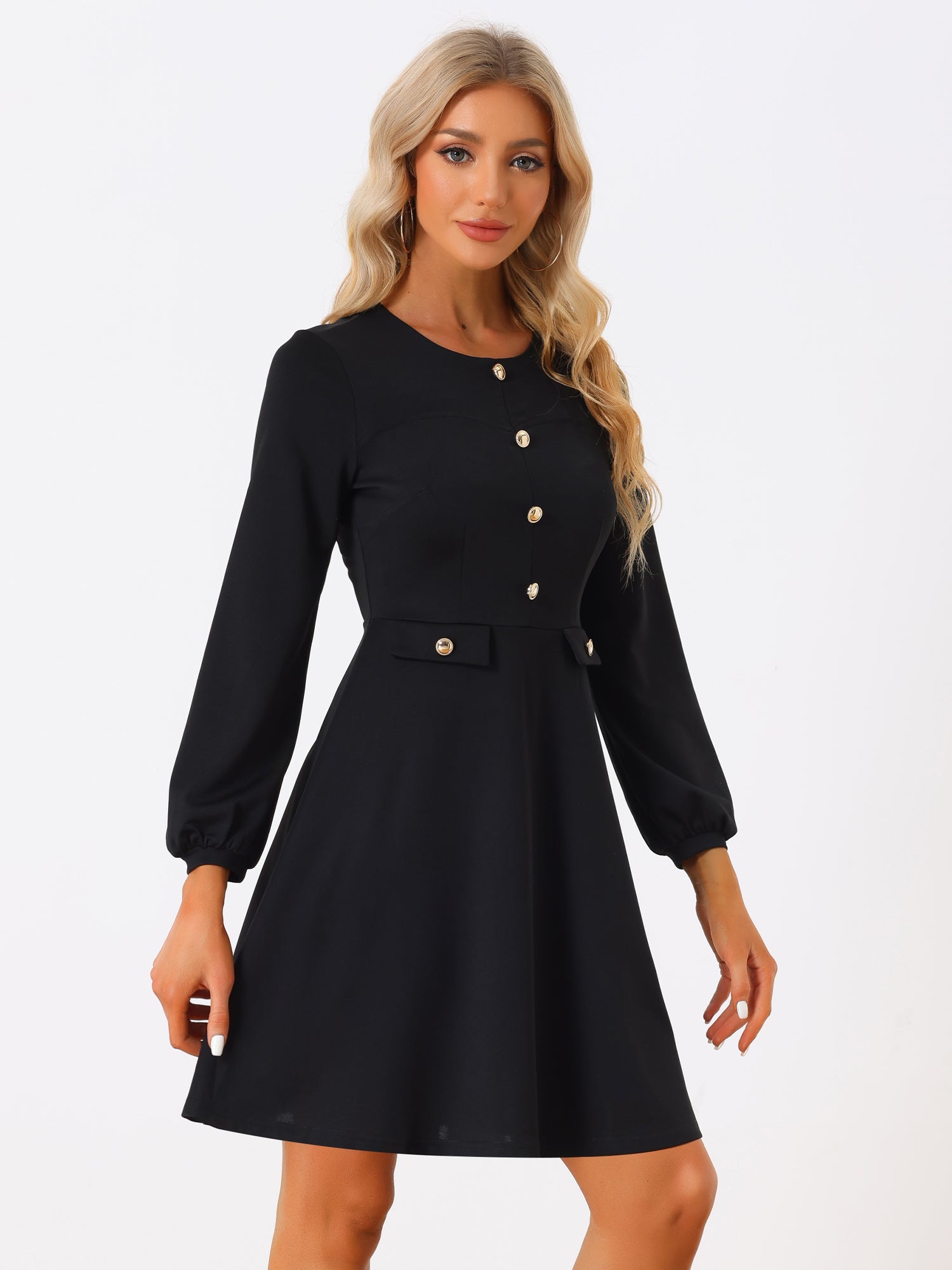Crew Neck Office Contrast Button Decor Long Sleeve Dress