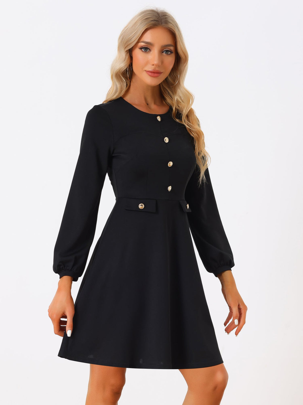 Crew Neck Office Contrast Button Decor Long Sleeve Dress
