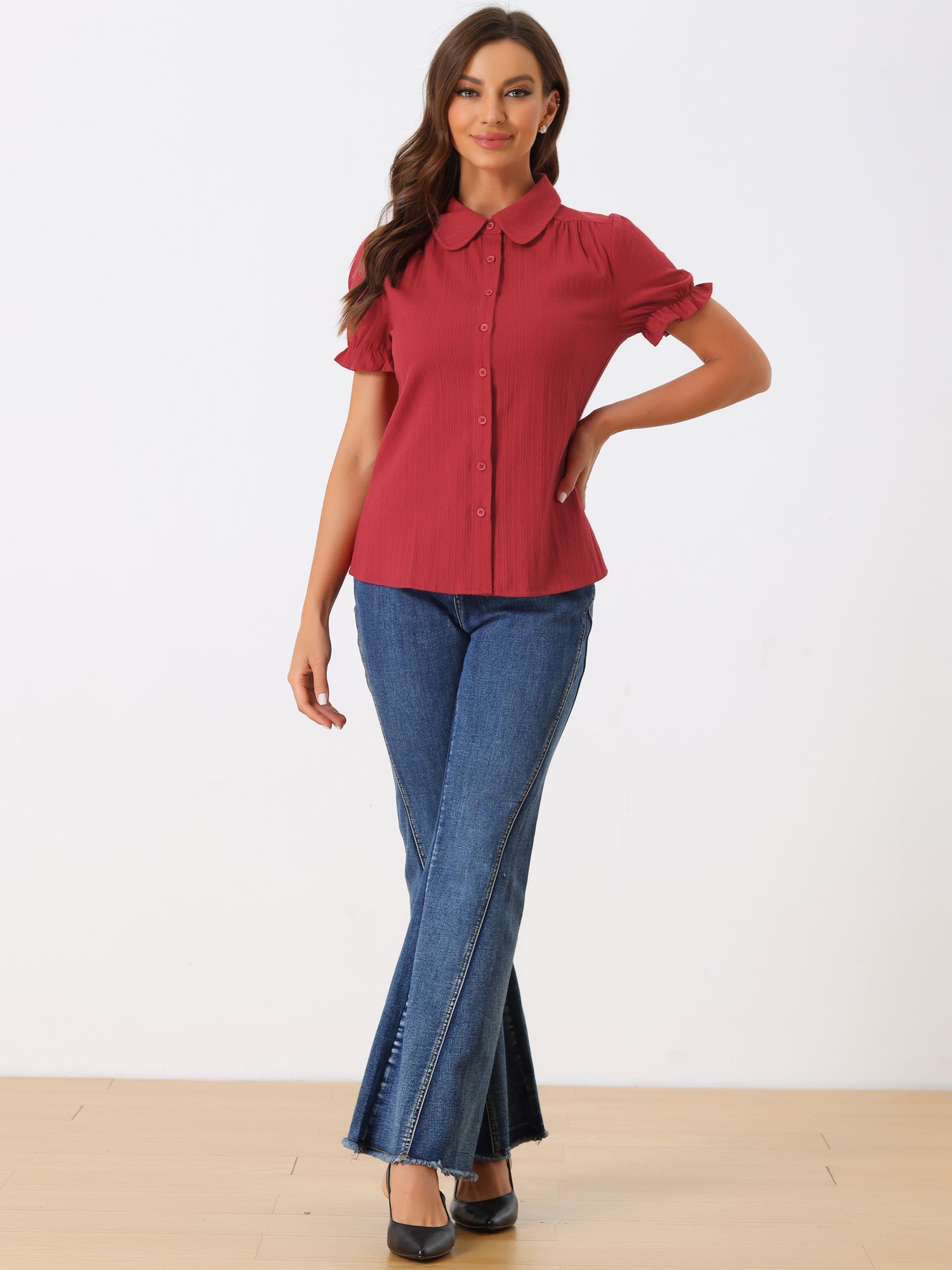 Cotton Frilled Top Turndown Collar Solid Blouse Shirt