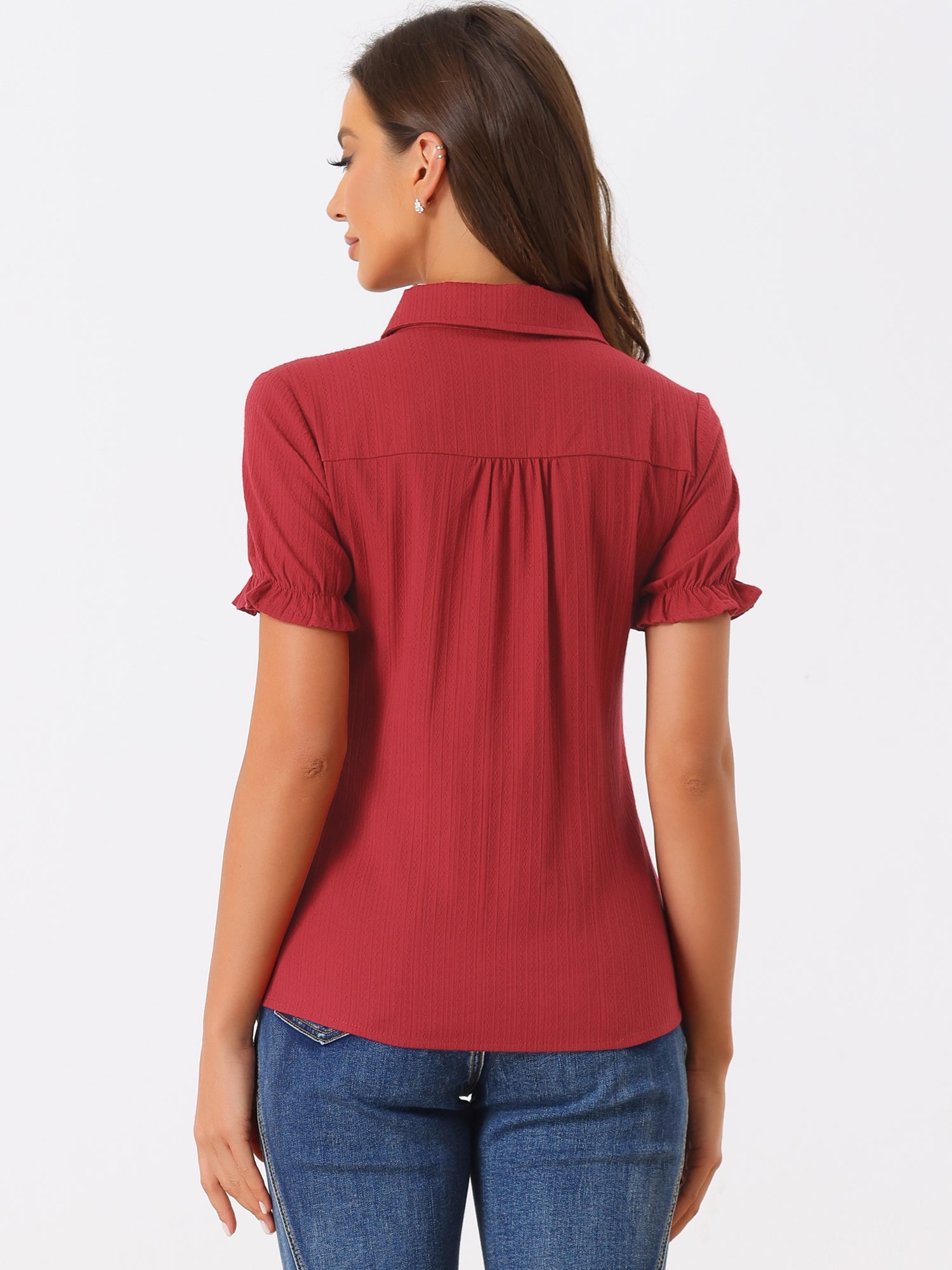 Cotton Frilled Top Turndown Collar Solid Blouse Shirt