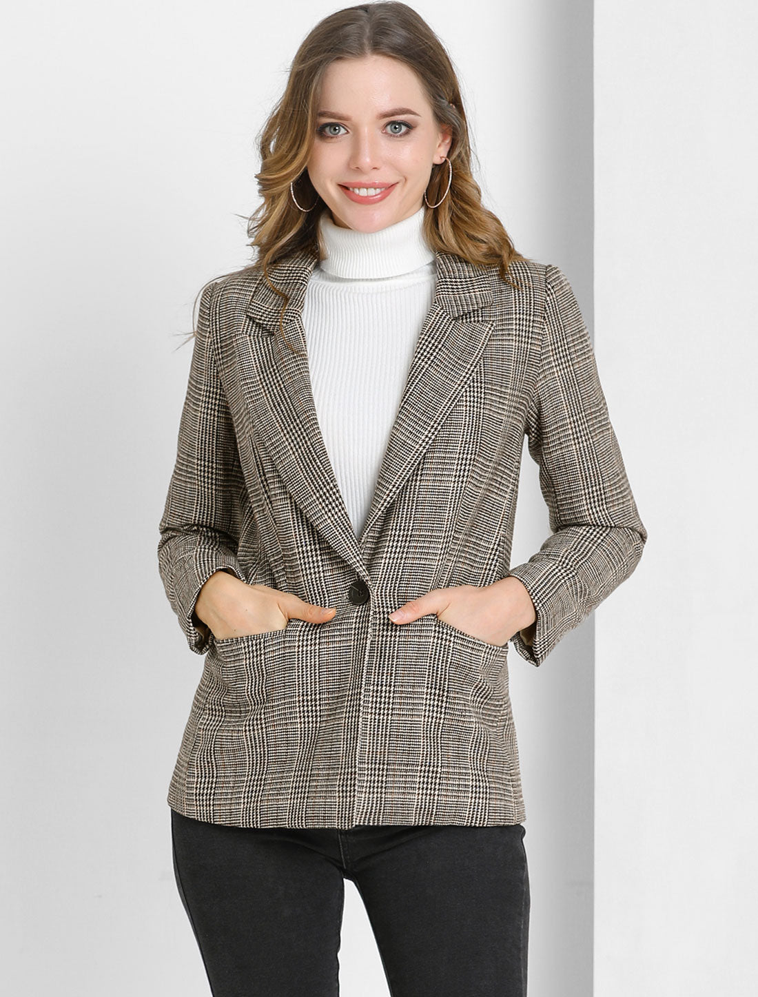 Plaid Notched Lapel One Button Houndstooth Blazer Jacket