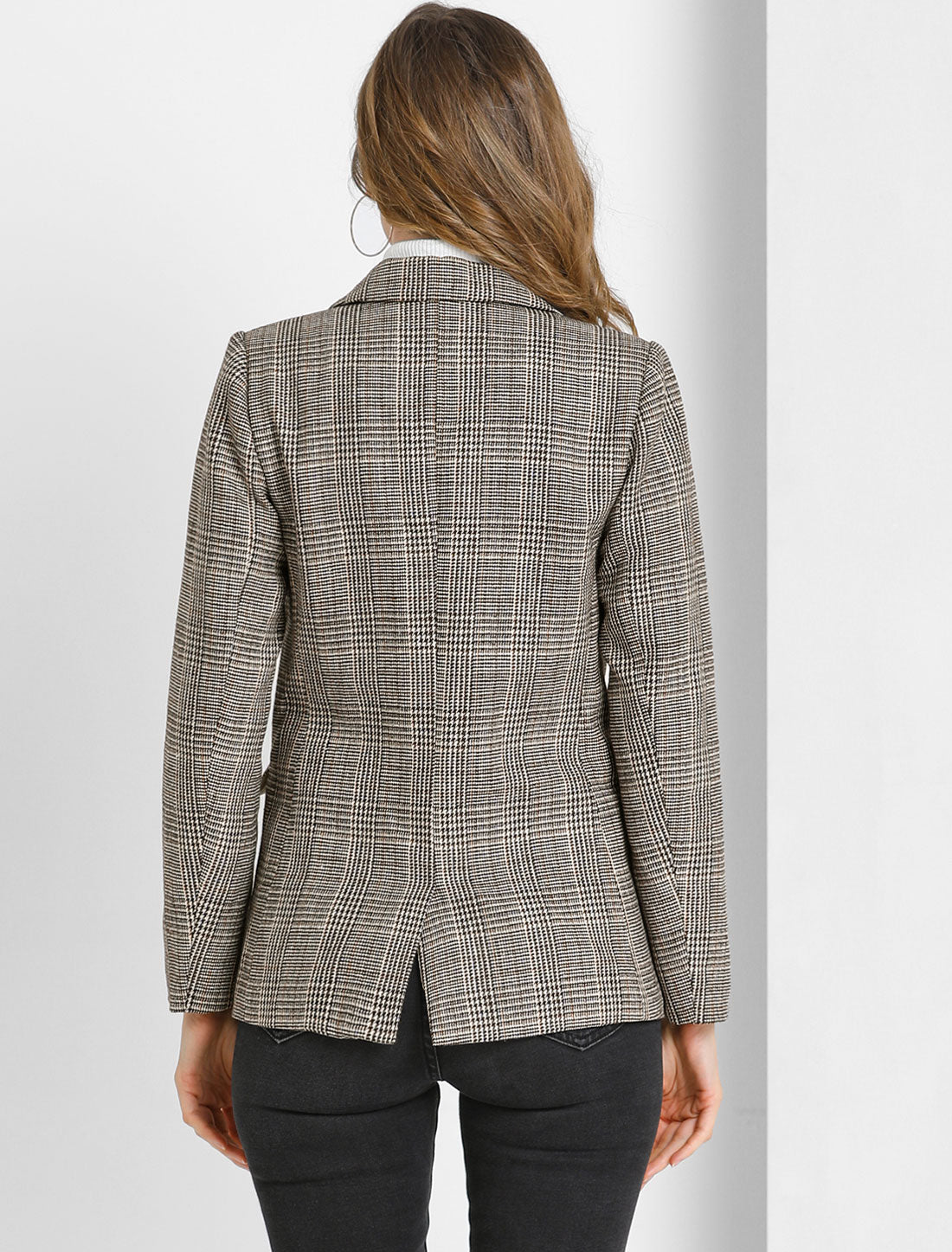 Plaid Notched Lapel One Button Houndstooth Blazer Jacket