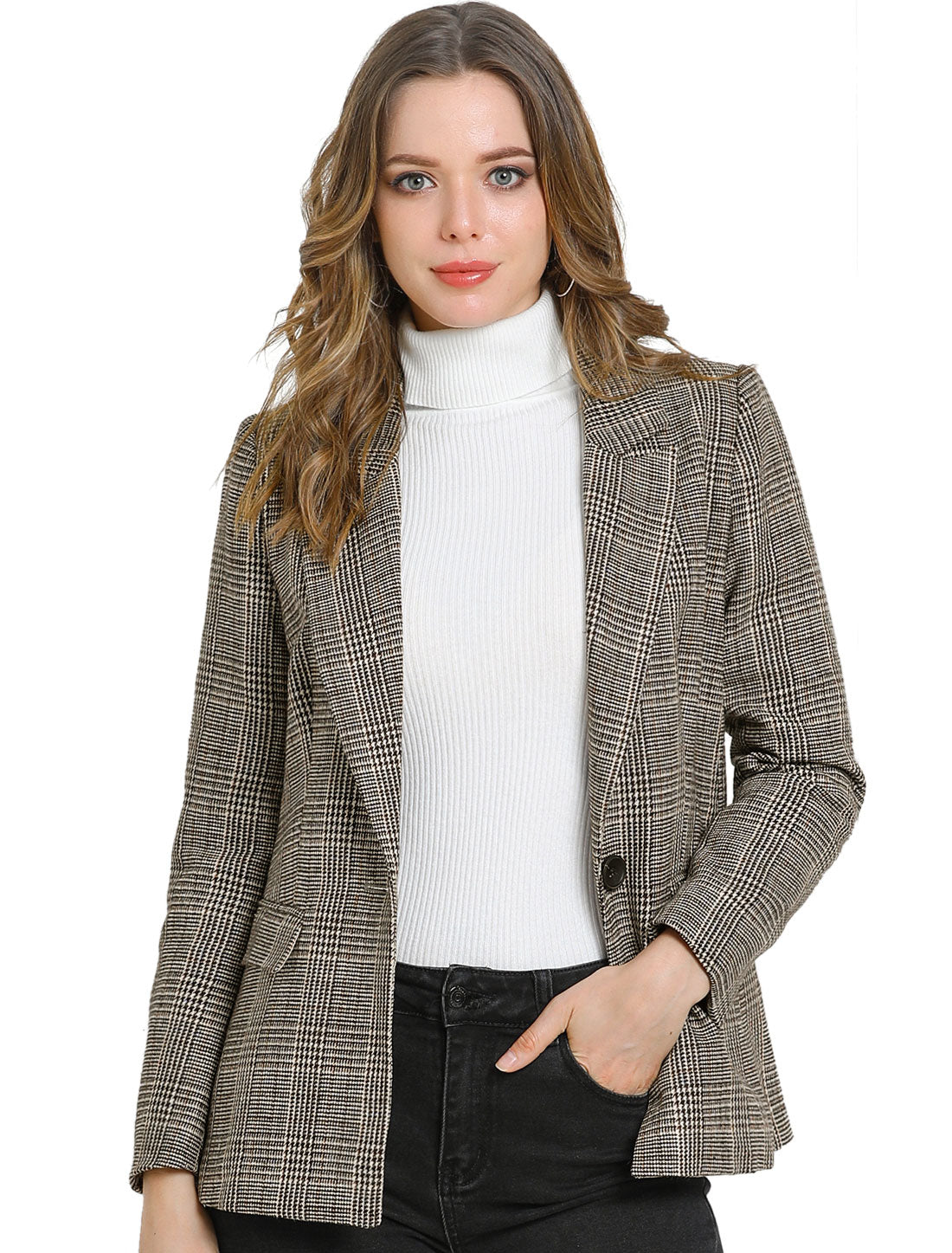 Plaid Notched Lapel One Button Houndstooth Blazer Jacket