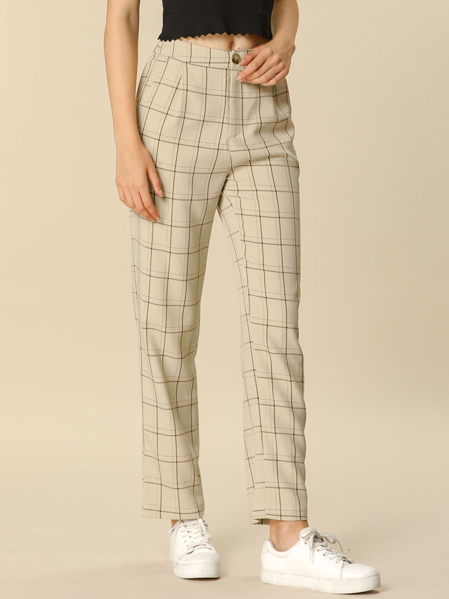 Plaid Elastic Waist Casual Work Office Long Pants
