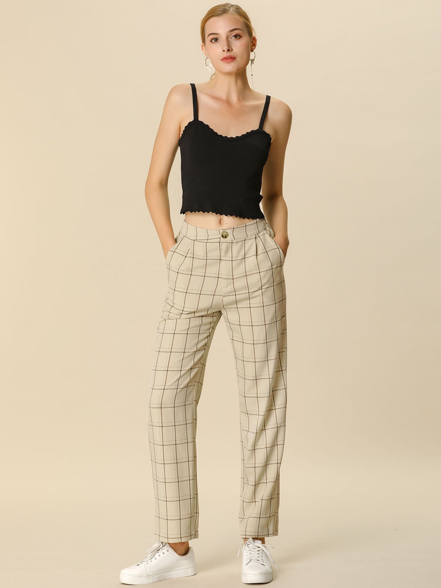 Plaid Elastic Waist Casual Work Office Long Pants