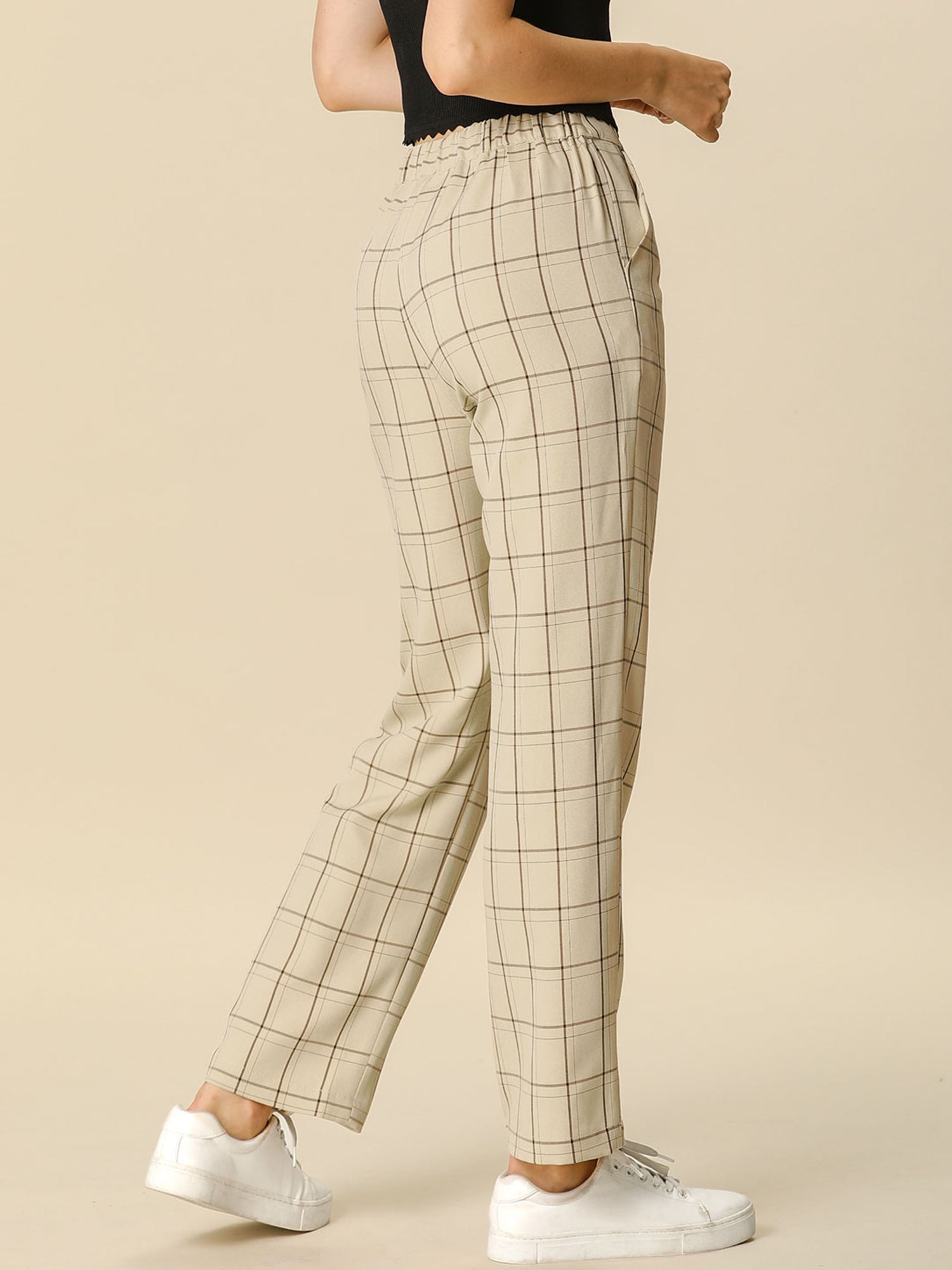 Plaid Elastic Waist Casual Work Office Long Pants