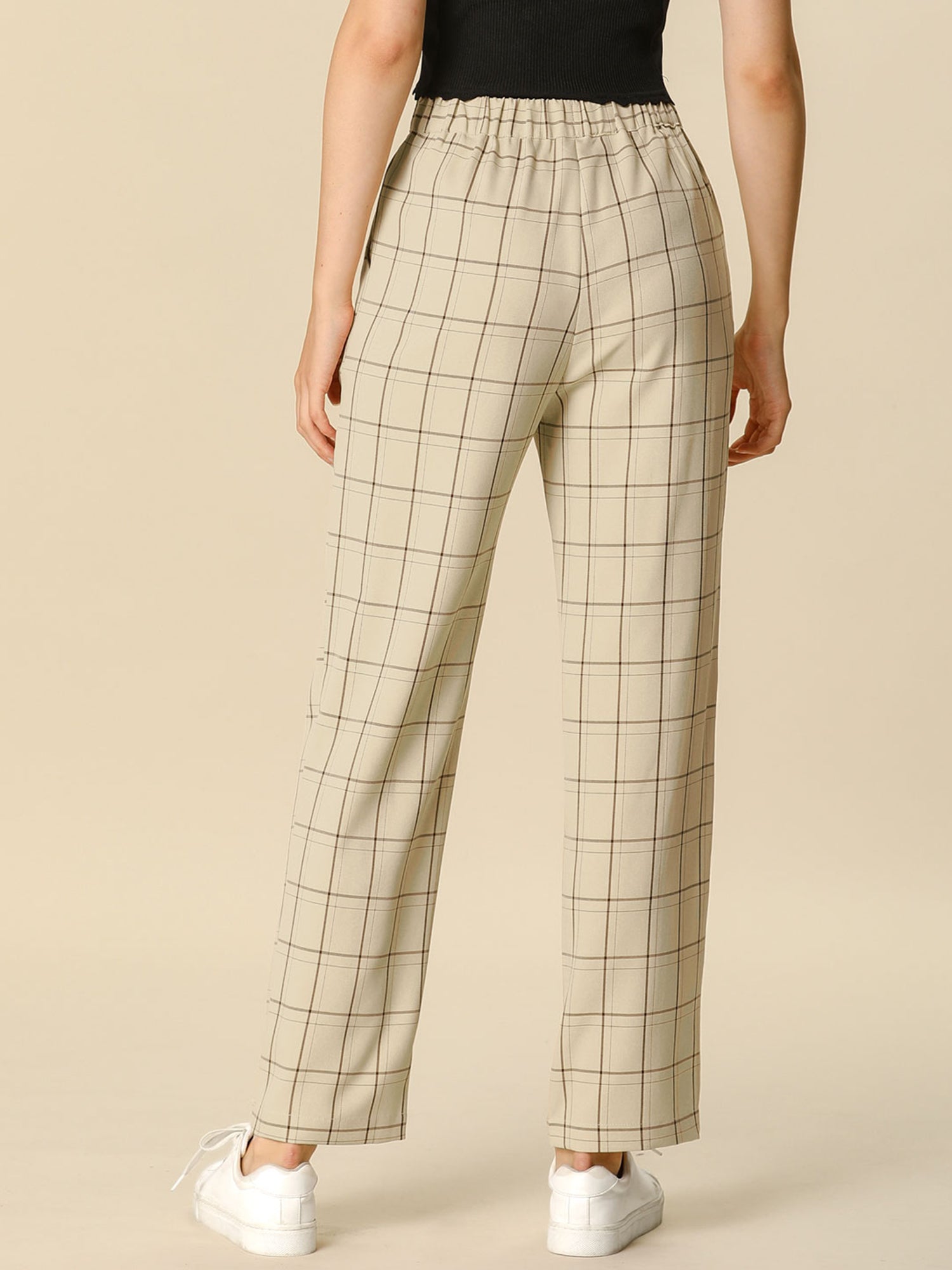Plaid Elastic Waist Casual Work Office Long Pants