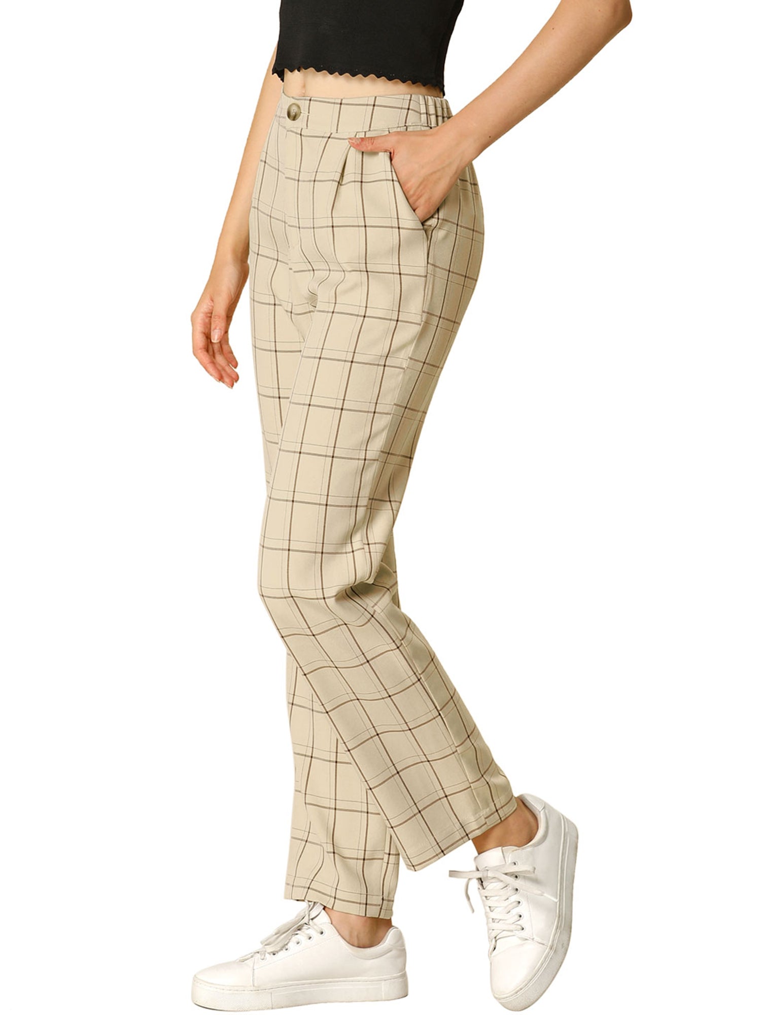 Plaid Elastic Waist Casual Work Office Long Pants